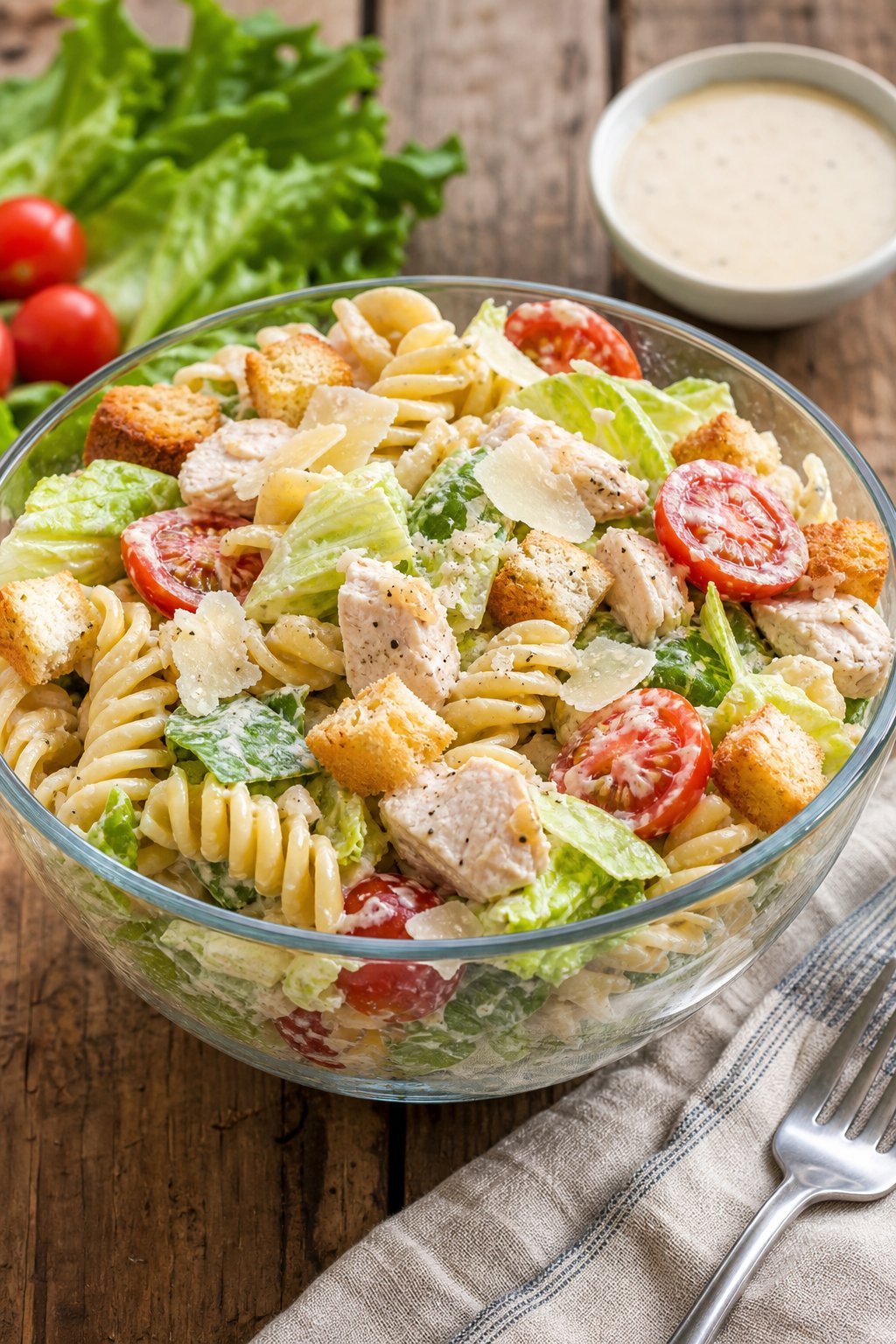 15 Easy Recipes Using Canned Chicken You’ll Actually Love: Quick and Delicious Meal Ideas 9 A bowl of pasta salad with canned chicken, lettuce, cherry tomatoes, Parmesan cheese, and croutons on a wooden table with a fork and small bowl of dressing nearby.
