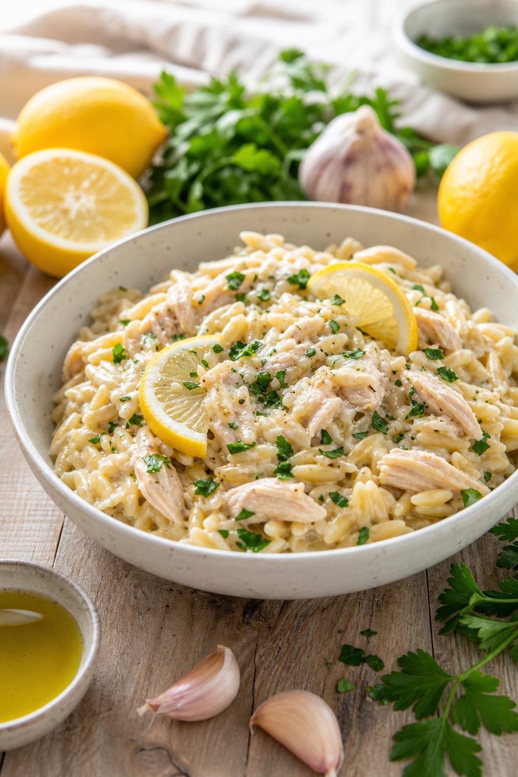 15 Easy Recipes Using Canned Chicken You’ll Actually Love: Quick and Delicious Meal Ideas 10 A bowl of lemon garlic canned chicken orzo garnished with lemon slices and parsley on a wooden table with fresh ingredients around it.