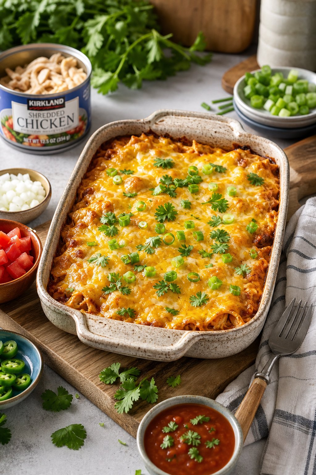 15 Easy Recipes Using Canned Chicken You’ll Actually Love: Quick and Delicious Meal Ideas 11 A baked chicken enchilada casserole in a ceramic dish garnished with cilantro and green onions on a kitchen countertop with cooking ingredients around it.