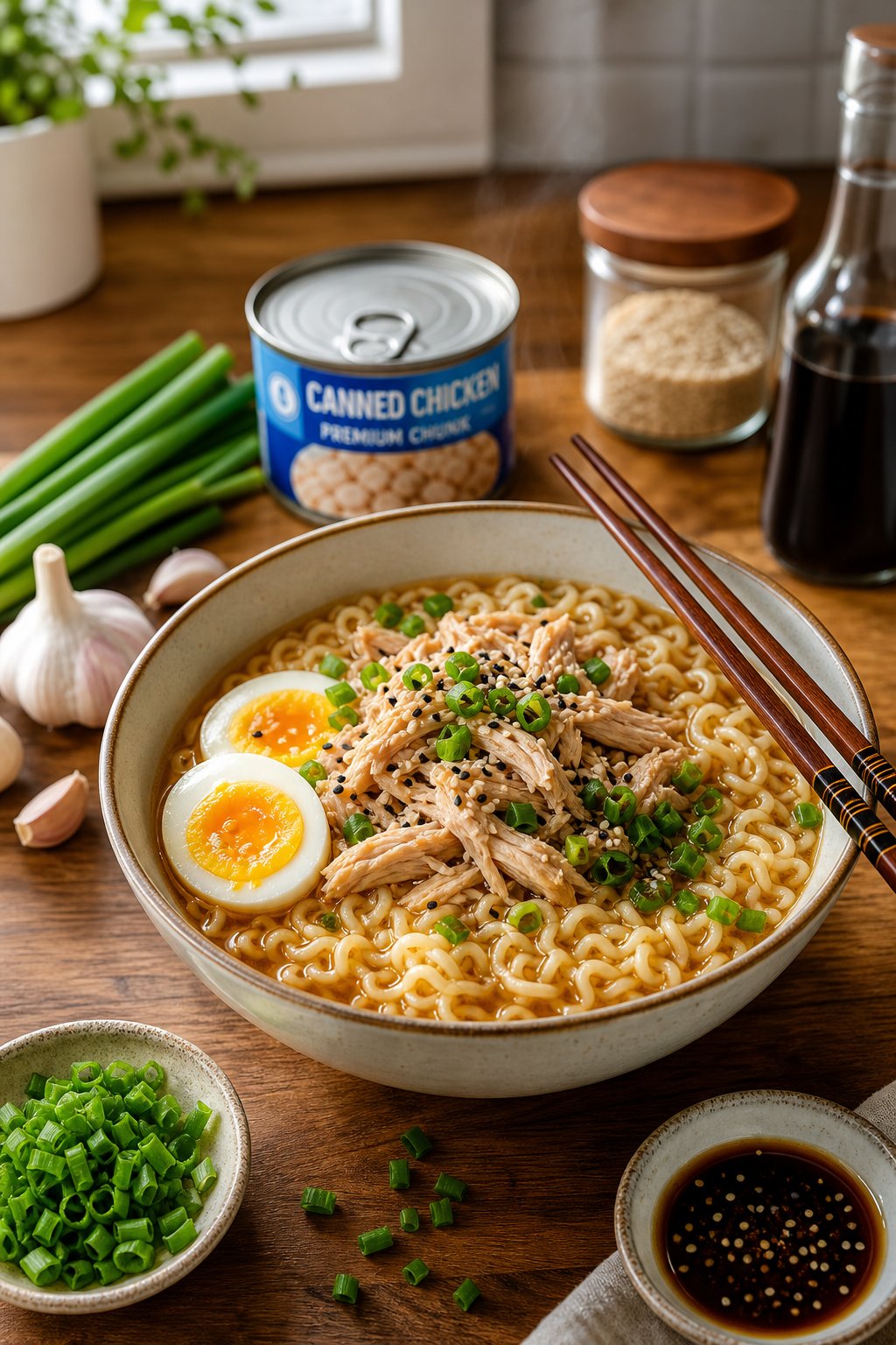 15 Easy Recipes Using Canned Chicken You’ll Actually Love: Quick and Delicious Meal Ideas 12 A bowl of ramen noodles topped with shredded chicken, boiled eggs, and green onions on a wooden countertop with chopsticks.