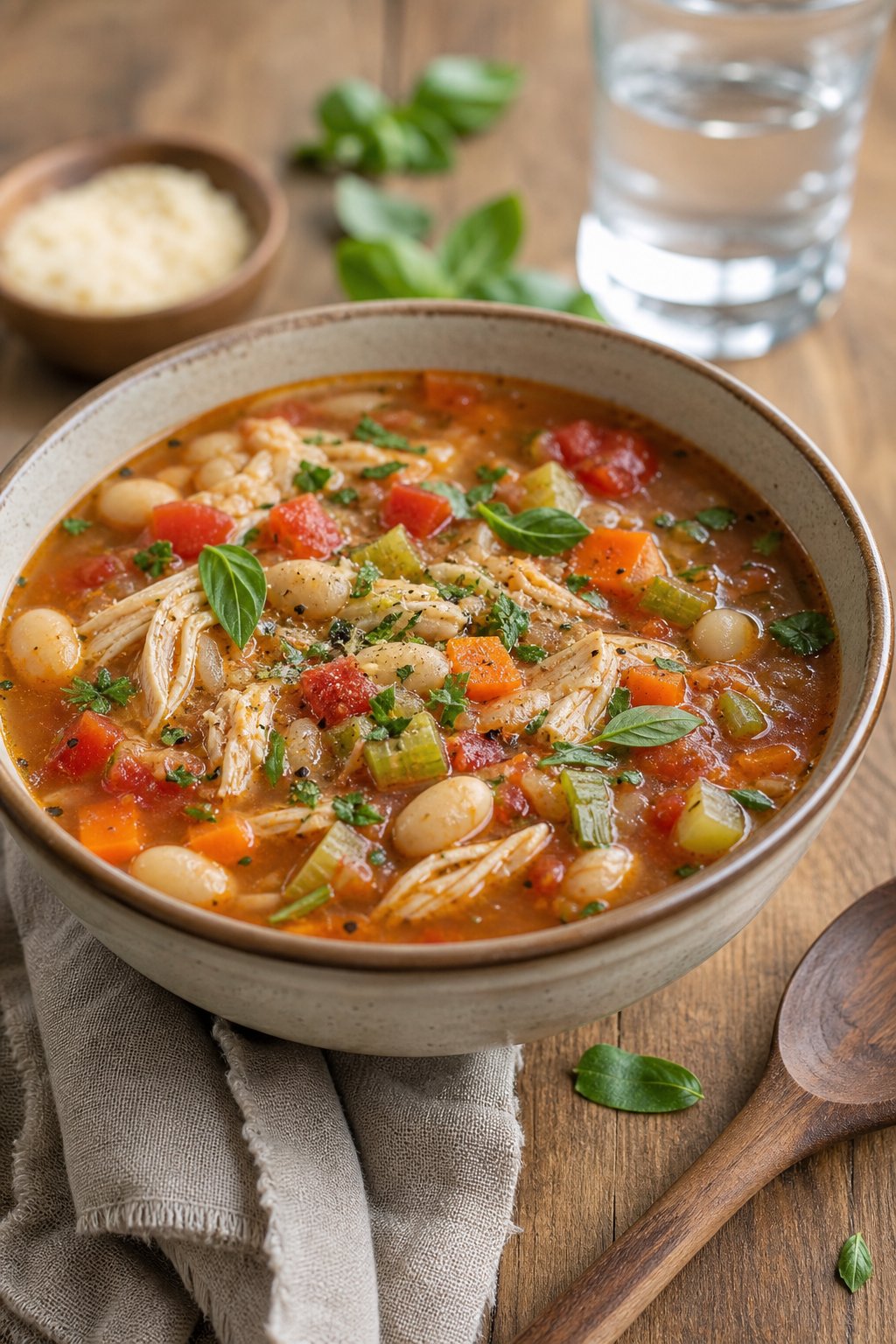 15 Easy Recipes Using Canned Chicken You’ll Actually Love: Quick and Delicious Meal Ideas 13 A bowl of canned chicken and white bean minestrone soup with vegetables and herbs on a wooden table.