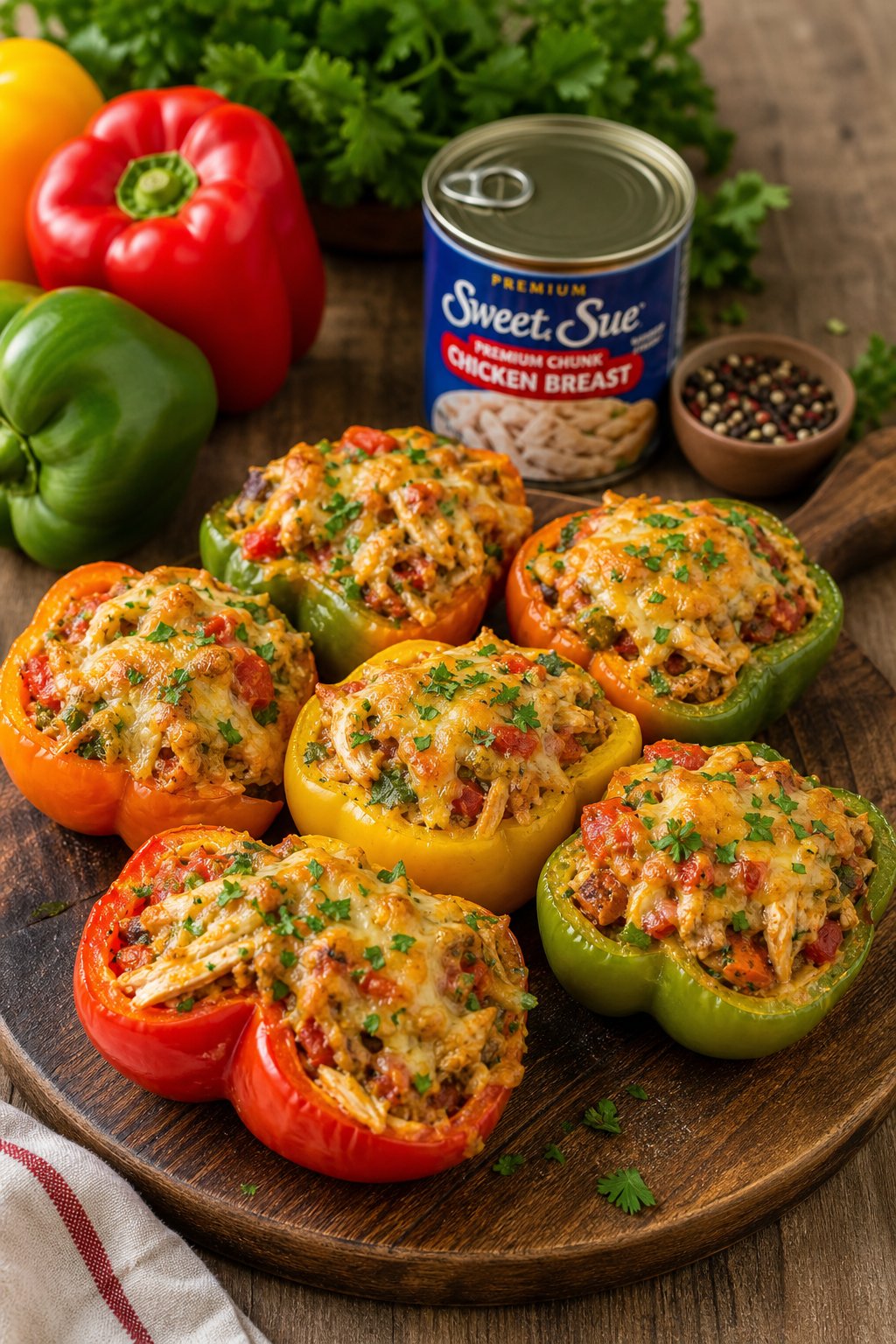 15 Easy Recipes Using Canned Chicken You’ll Actually Love: Quick and Delicious Meal Ideas 14 A plate of colorful bell peppers stuffed with a chicken and vegetable filling, garnished with herbs, surrounded by fresh ingredients on a wooden surface.