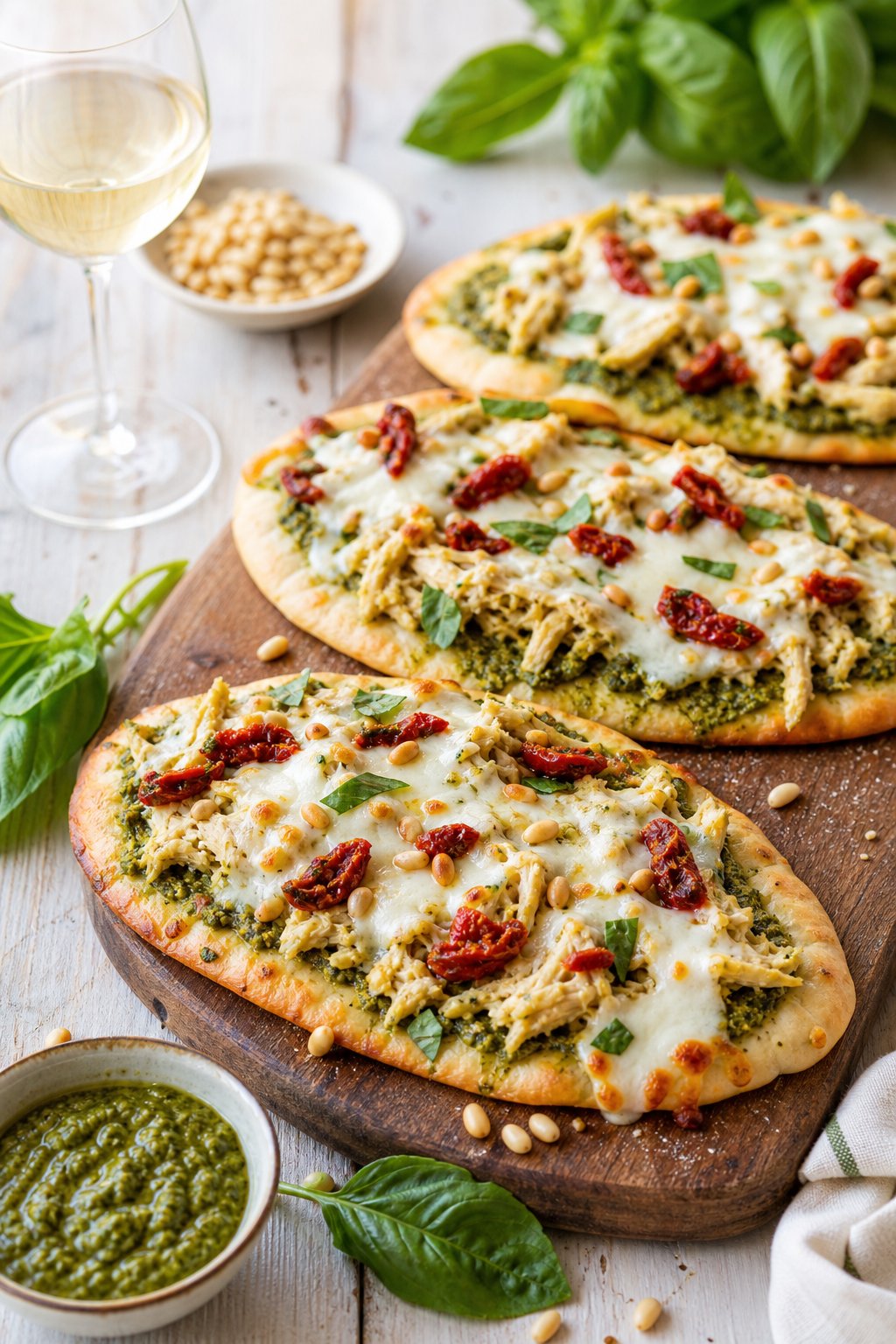 15 Easy Recipes Using Canned Chicken You’ll Actually Love: Quick and Delicious Meal Ideas 15 Flatbreads topped with shredded chicken, pesto, cheese, and sun-dried tomatoes on a wooden board with fresh basil and a bowl of pesto nearby.