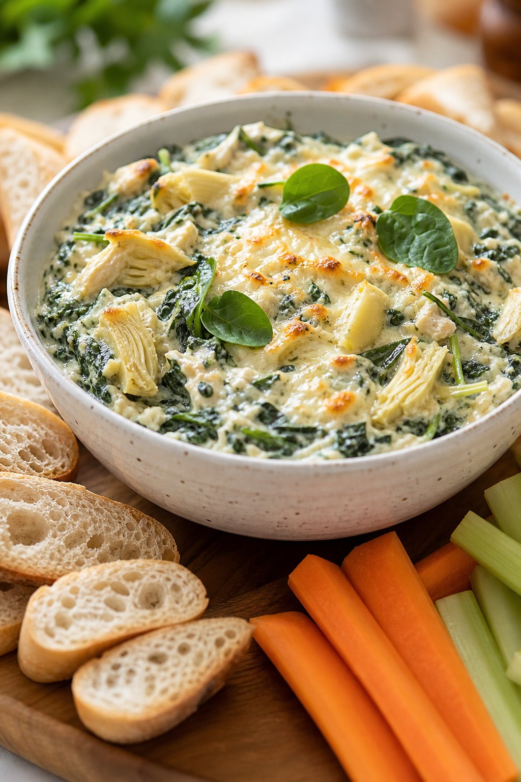 15 Easy Recipes Using Canned Chicken You’ll Actually Love: Quick and Delicious Meal Ideas 16 A bowl of creamy spinach artichoke dip with chunks of chicken, surrounded by sliced bread and vegetable sticks on a wooden board.