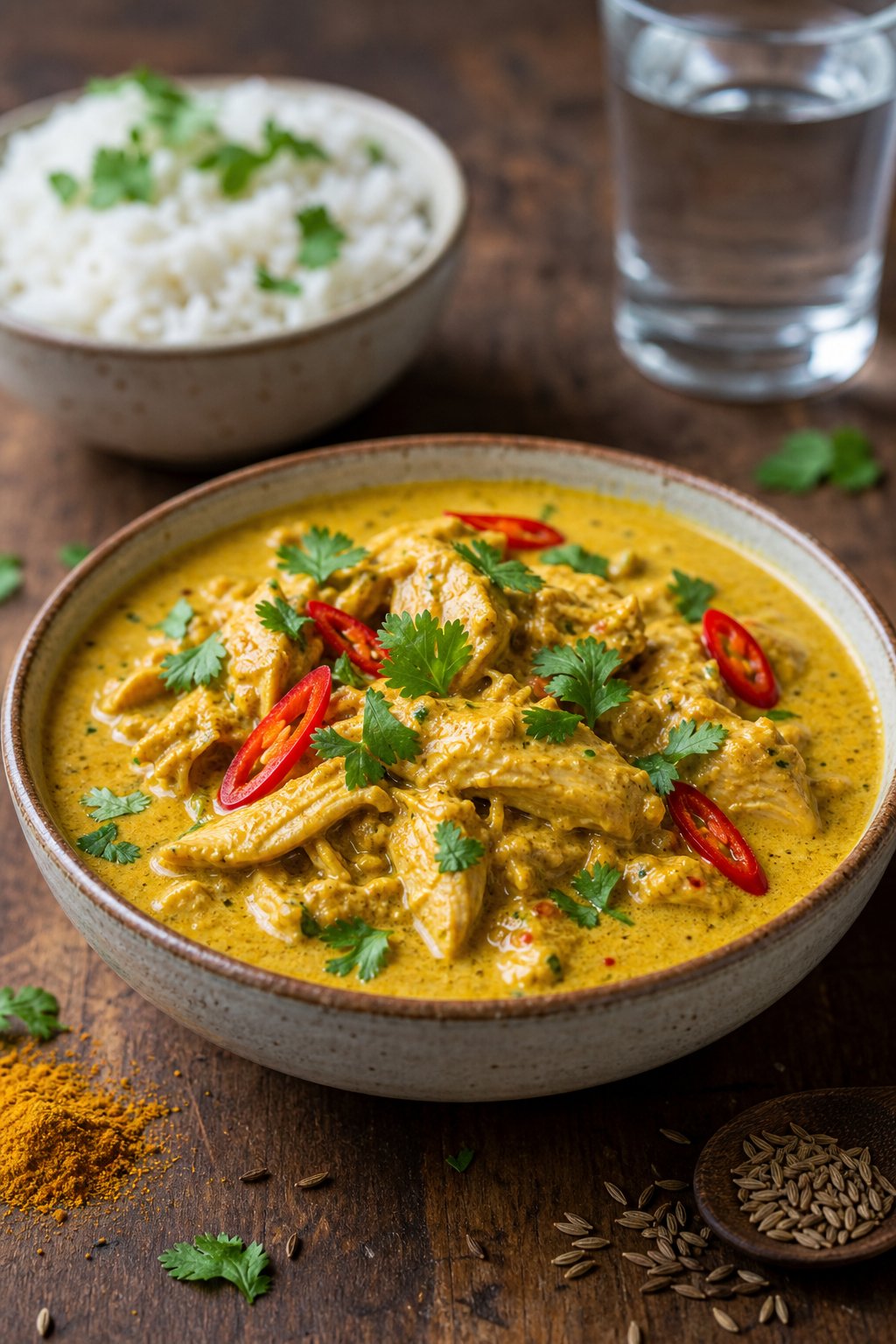 15 Easy Recipes Using Canned Chicken You’ll Actually Love: Quick and Delicious Meal Ideas 17 A bowl of creamy canned chicken curry with coconut milk garnished with cilantro and red chili, served on a wooden table with a bowl of rice in the background.