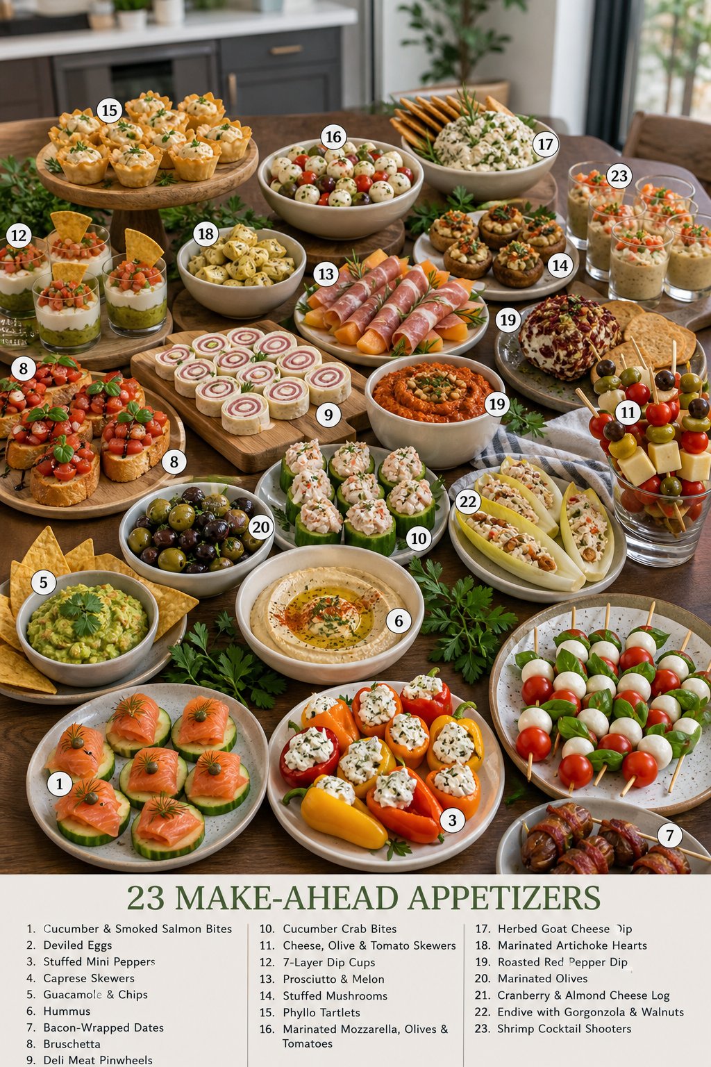 23 Make-Ahead Appetizers for Easy Hosting: Wow Your Guests Without Breaking a Sweat 2 A table displaying a variety of colorful bite-sized appetizers arranged neatly with fresh herbs and dips, ready for guests.