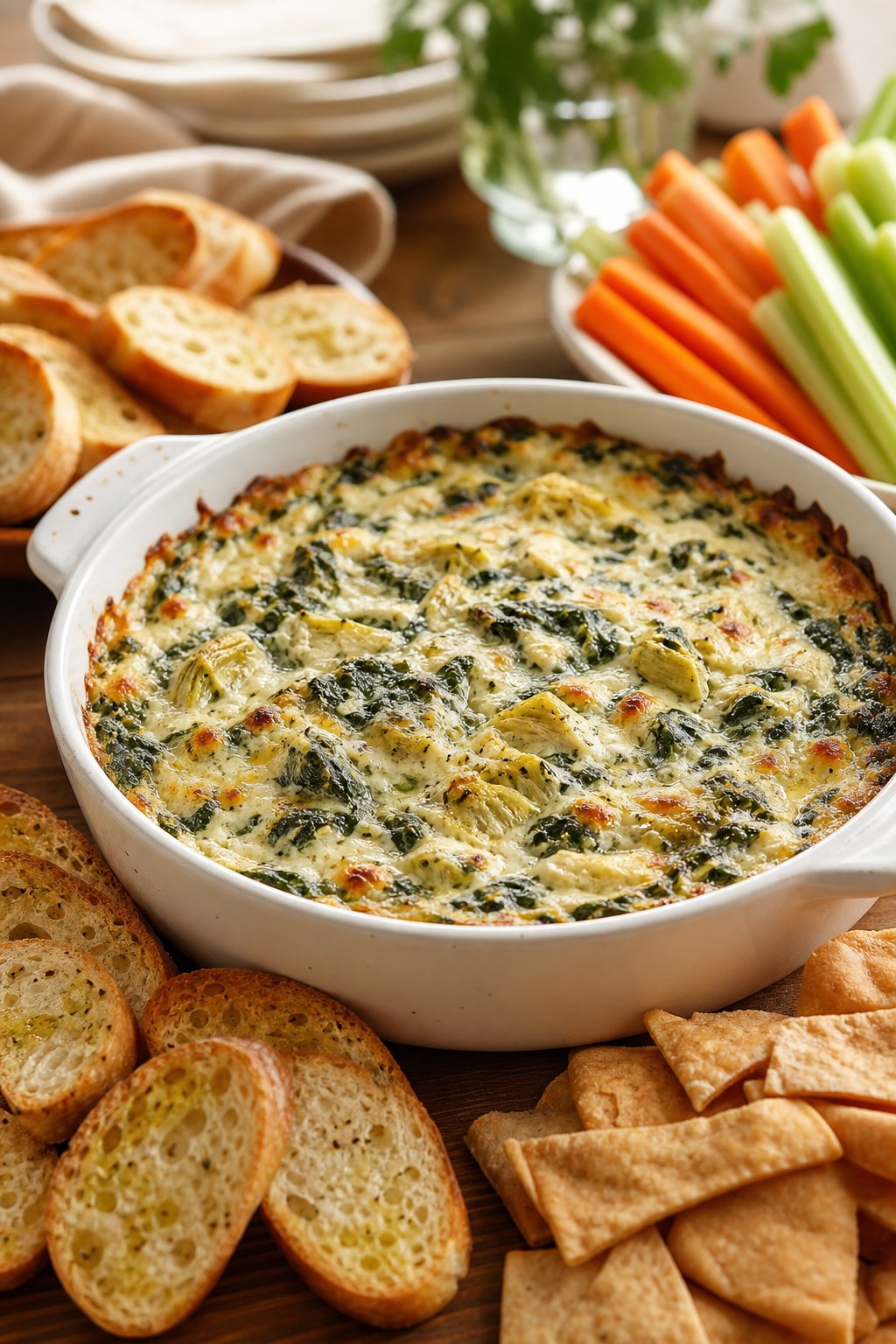 23 Make-Ahead Appetizers for Easy Hosting: Wow Your Guests Without Breaking a Sweat 3 A baked spinach and artichoke dip in a white dish surrounded by bread slices and vegetable sticks on a wooden table.