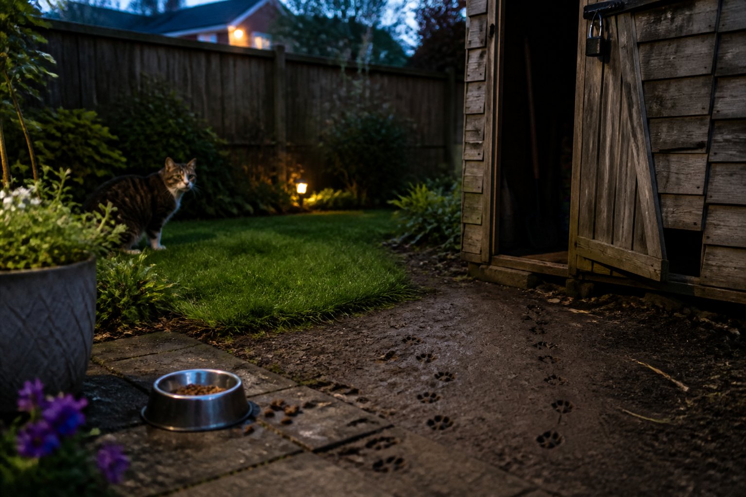 A suburban backyard at dusk showing a cautious cat near bushes and small animal tracks in the soil by a garden shed.