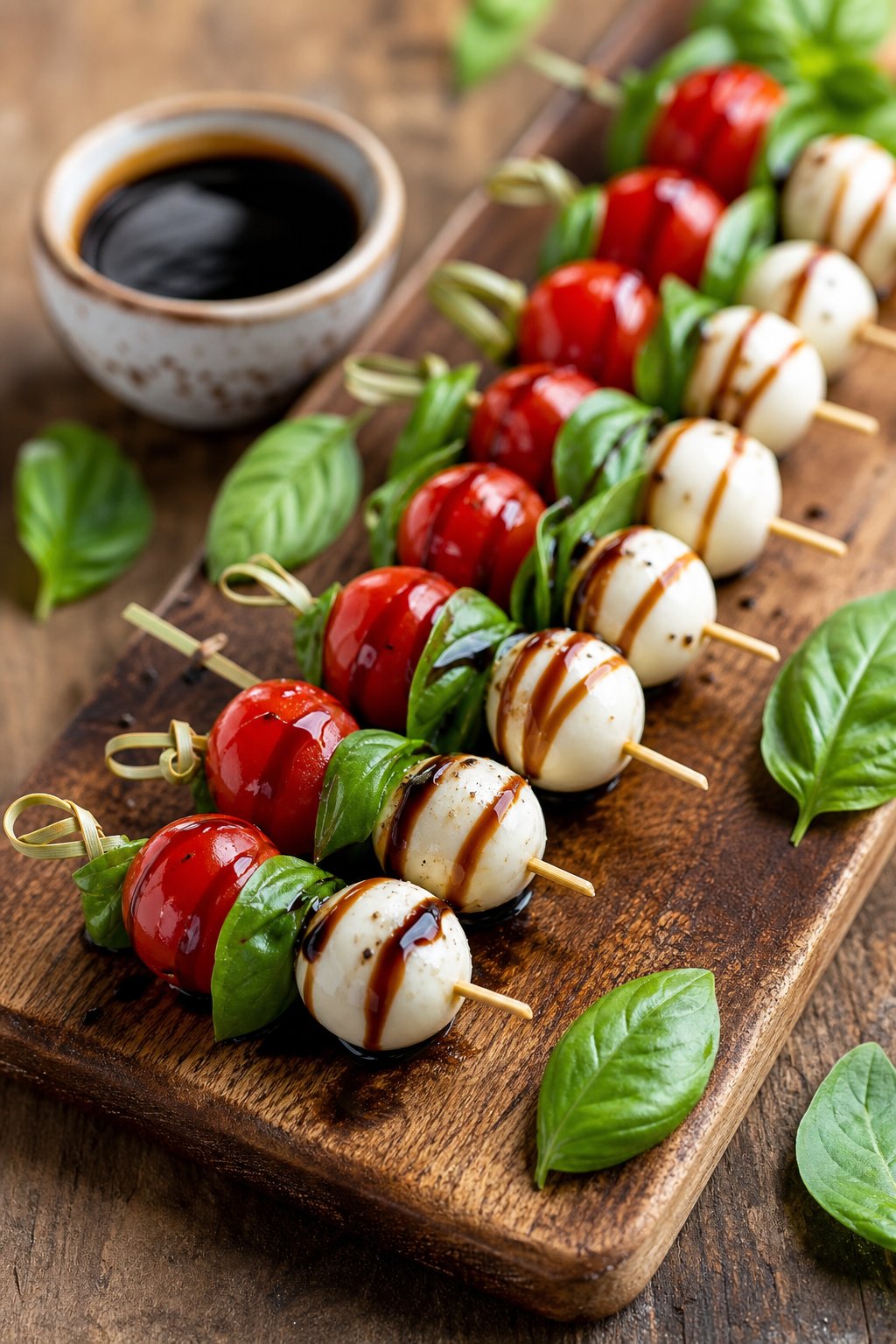 23 Make-Ahead Appetizers for Easy Hosting: Wow Your Guests Without Breaking a Sweat 4 Mini Caprese skewers with cherry tomatoes, basil, and mozzarella on a wooden board with balsamic glaze.
