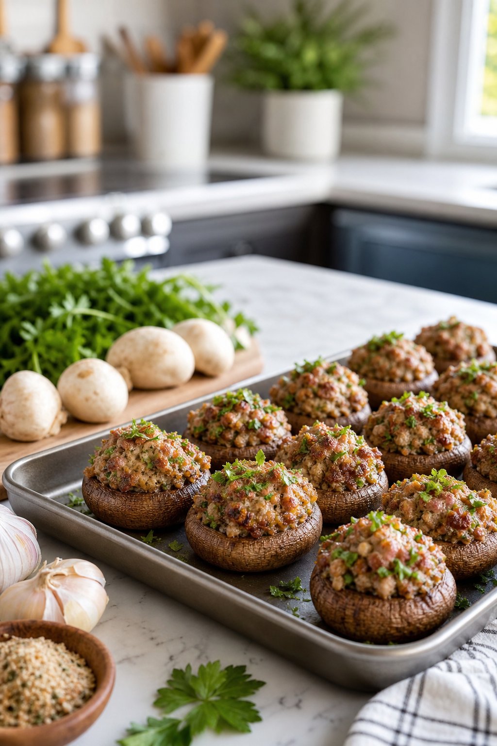 23 Make-Ahead Appetizers for Easy Hosting: Wow Your Guests Without Breaking a Sweat 5 Tray of sausage-stuffed mushrooms on a kitchen countertop with fresh ingredients nearby.