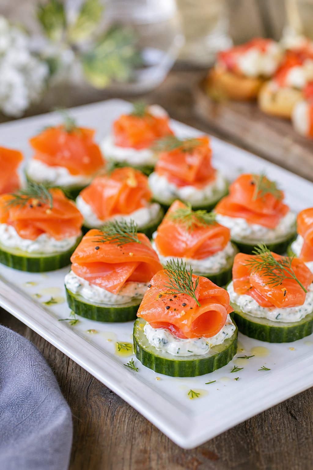 23 Make-Ahead Appetizers for Easy Hosting: Wow Your Guests Without Breaking a Sweat 6 A platter of cucumber slices topped with dill cream cheese and smoked salmon, garnished with fresh dill, on a wooden table.