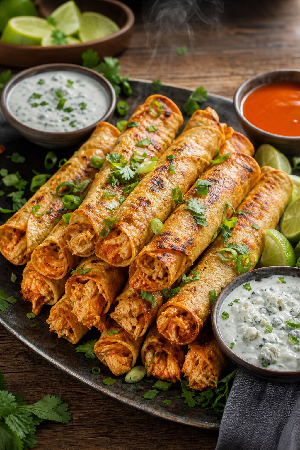 23 Make-Ahead Appetizers for Easy Hosting: Wow Your Guests Without Breaking a Sweat 7 A platter of crispy buffalo chicken taquitos with dipping sauces and garnishes on a wooden table.