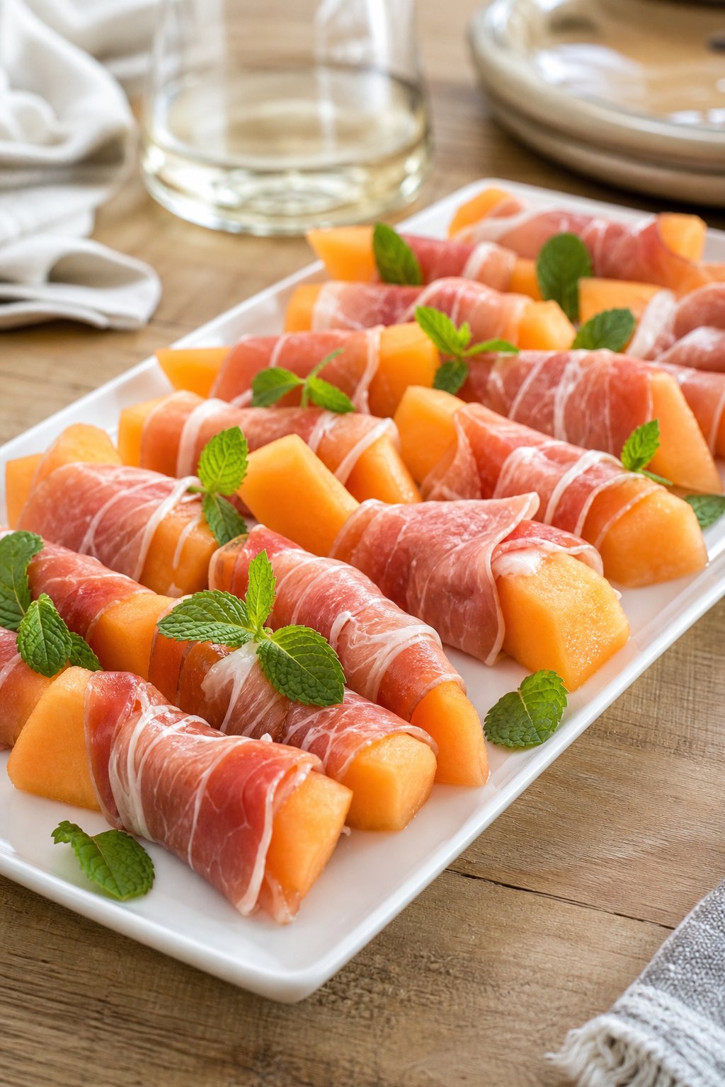 23 Make-Ahead Appetizers for Easy Hosting: Wow Your Guests Without Breaking a Sweat 8 Close-up of prosciutto-wrapped melon bundles on a white platter with mint garnish on a wooden table.