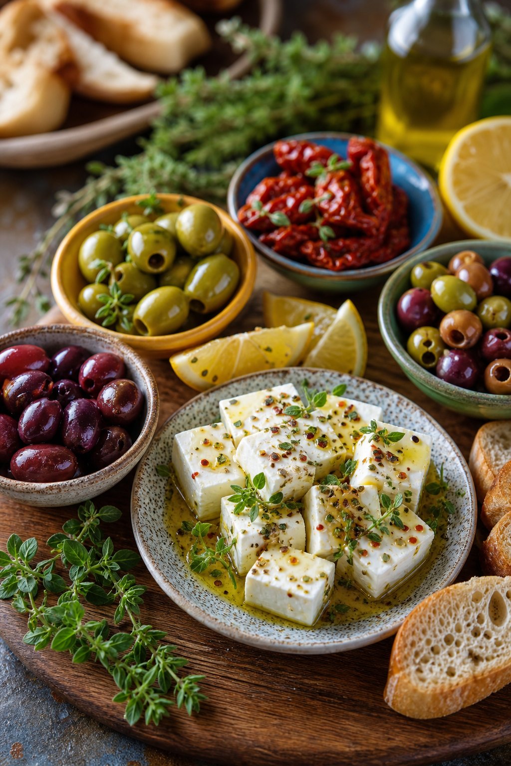 23 Make-Ahead Appetizers for Easy Hosting: Wow Your Guests Without Breaking a Sweat 9 A Greek mezze platter with marinated feta cheese, olives, bread slices, and fresh herbs arranged on a wooden board.