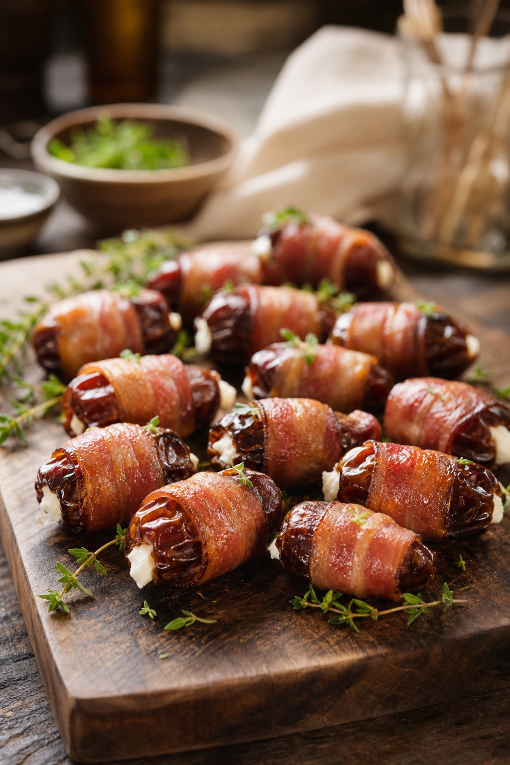 23 Make-Ahead Appetizers for Easy Hosting: Wow Your Guests Without Breaking a Sweat 10 A platter of bacon-wrapped dates stuffed with goat cheese, garnished with fresh herbs on a wooden board.