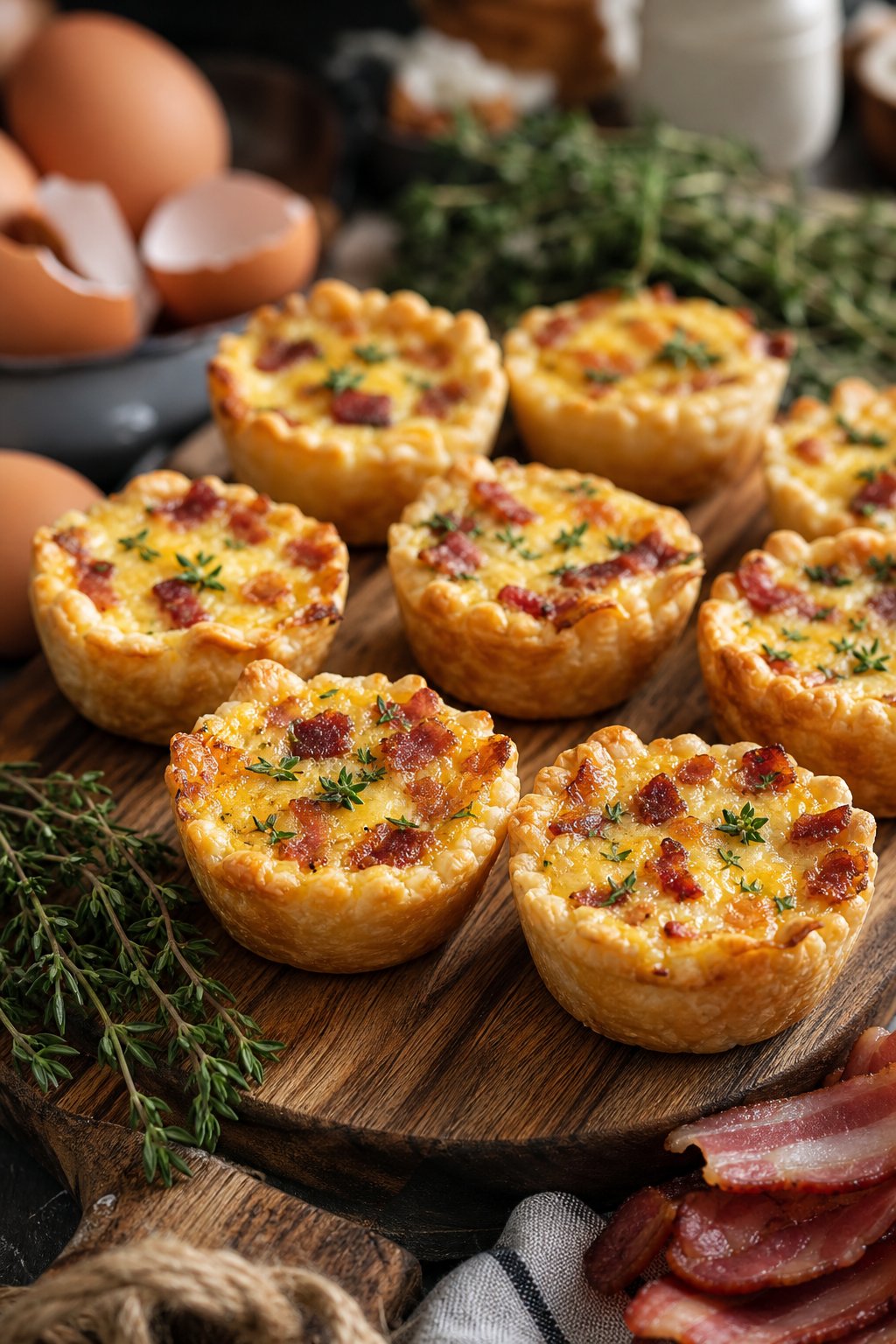 23 Make-Ahead Appetizers for Easy Hosting: Wow Your Guests Without Breaking a Sweat 11 Close-up of mini Quiche Lorraine on a wooden board with fresh ingredients around, ready to serve.