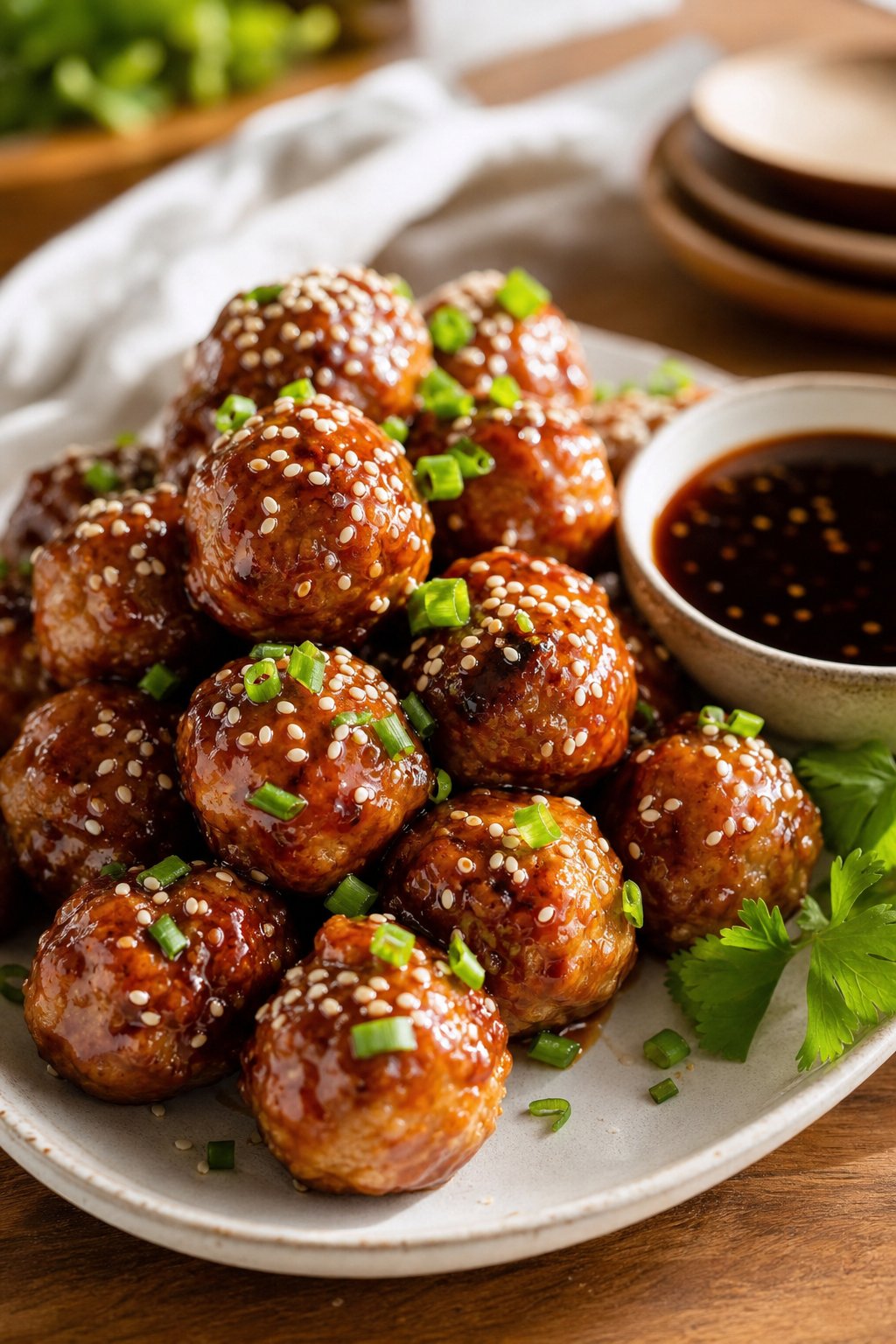 23 Make-Ahead Appetizers for Easy Hosting: Wow Your Guests Without Breaking a Sweat 12 A platter of honey-sesame meatballs with a bowl of dipping sauce on a table.