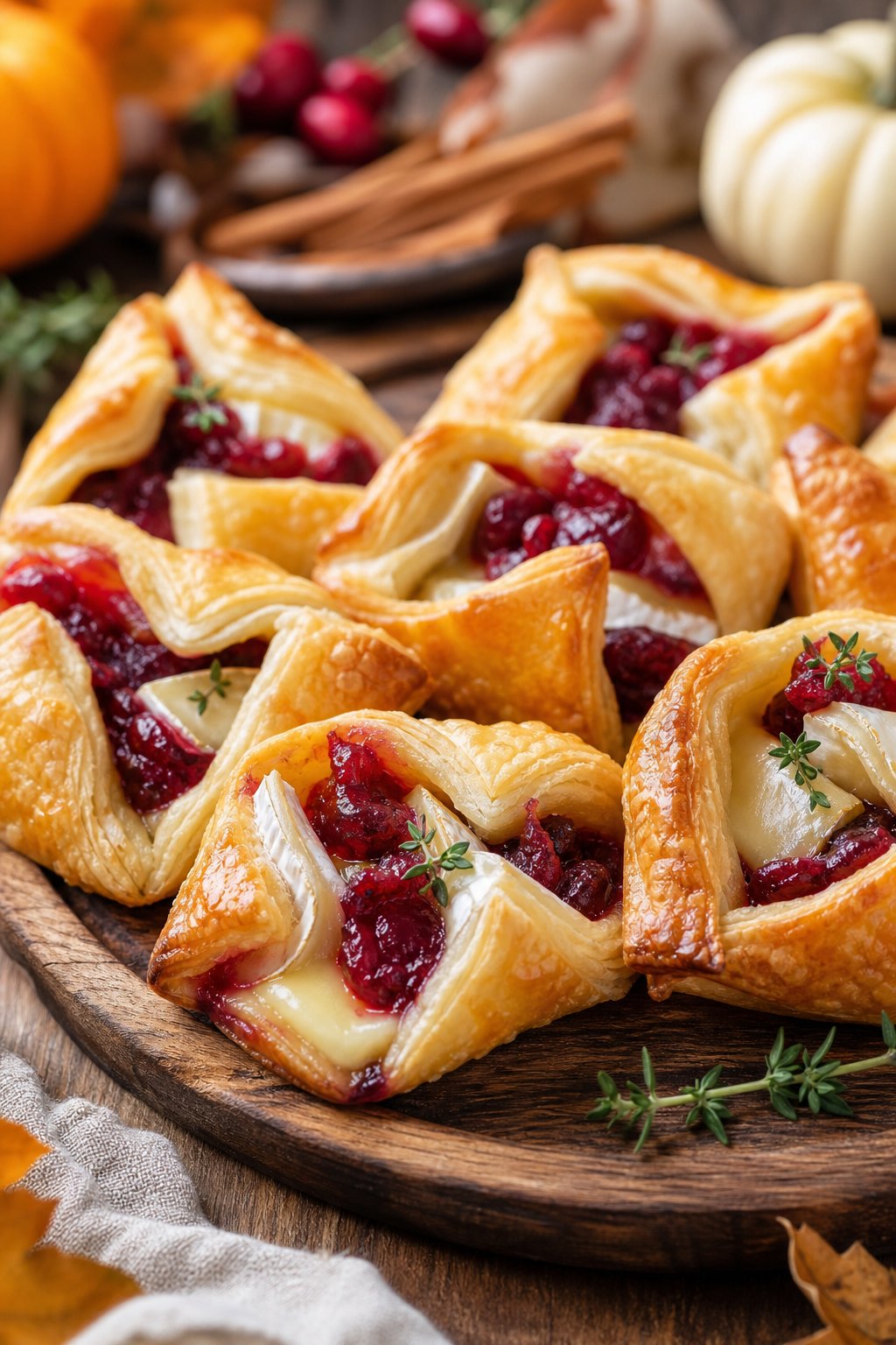 23 Make-Ahead Appetizers for Easy Hosting: Wow Your Guests Without Breaking a Sweat 13 Close-up of golden cranberry brie puff pastry bites on a wooden board with a festive table setting in the background.