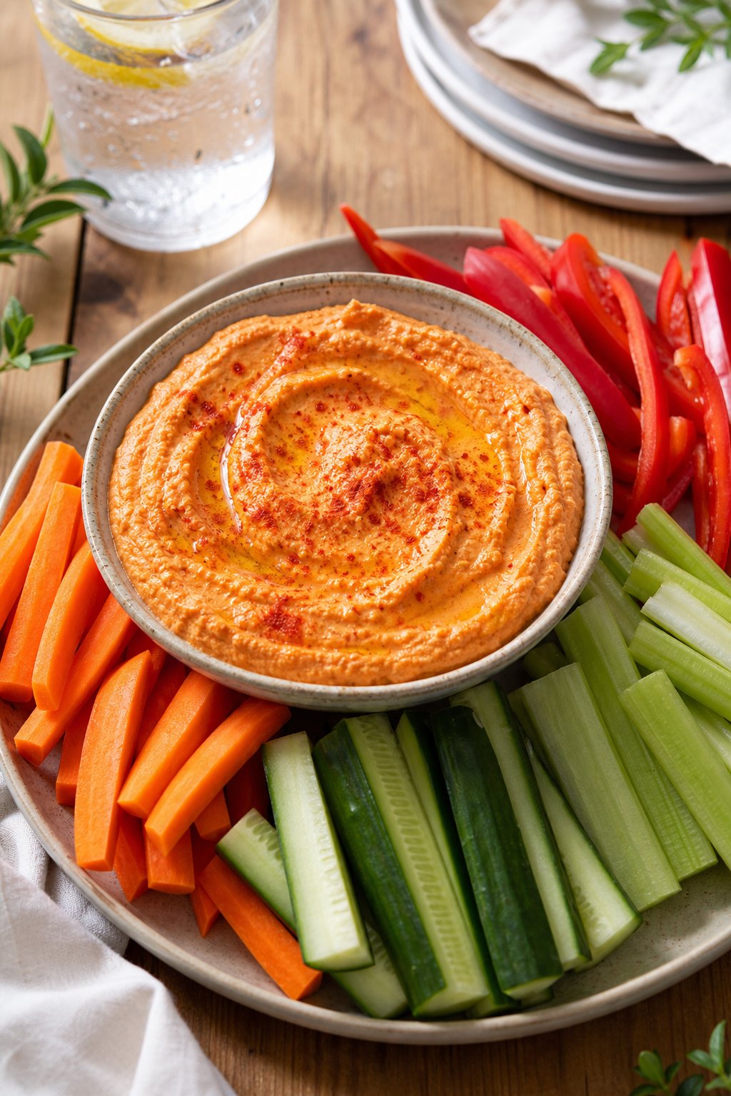 23 Make-Ahead Appetizers for Easy Hosting: Wow Your Guests Without Breaking a Sweat 14 A bowl of roasted red pepper hummus surrounded by fresh vegetable sticks on a wooden table.
