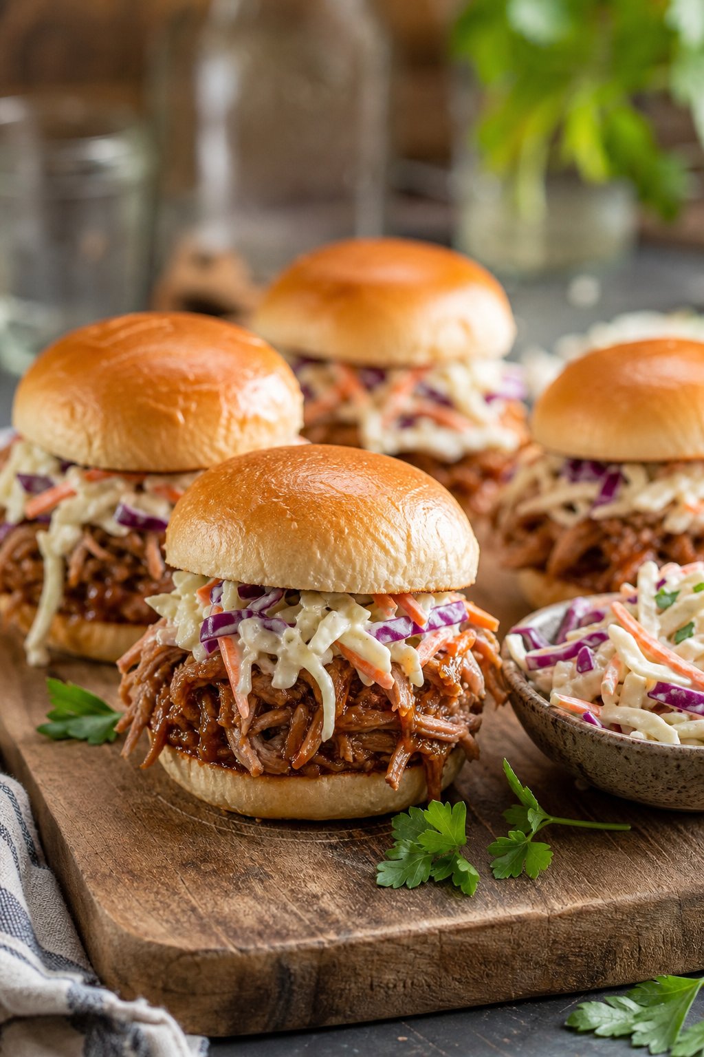 23 Make-Ahead Appetizers for Easy Hosting: Wow Your Guests Without Breaking a Sweat 15 A plate of pulled pork sliders topped with coleslaw on a wooden board in a kitchen setting.
