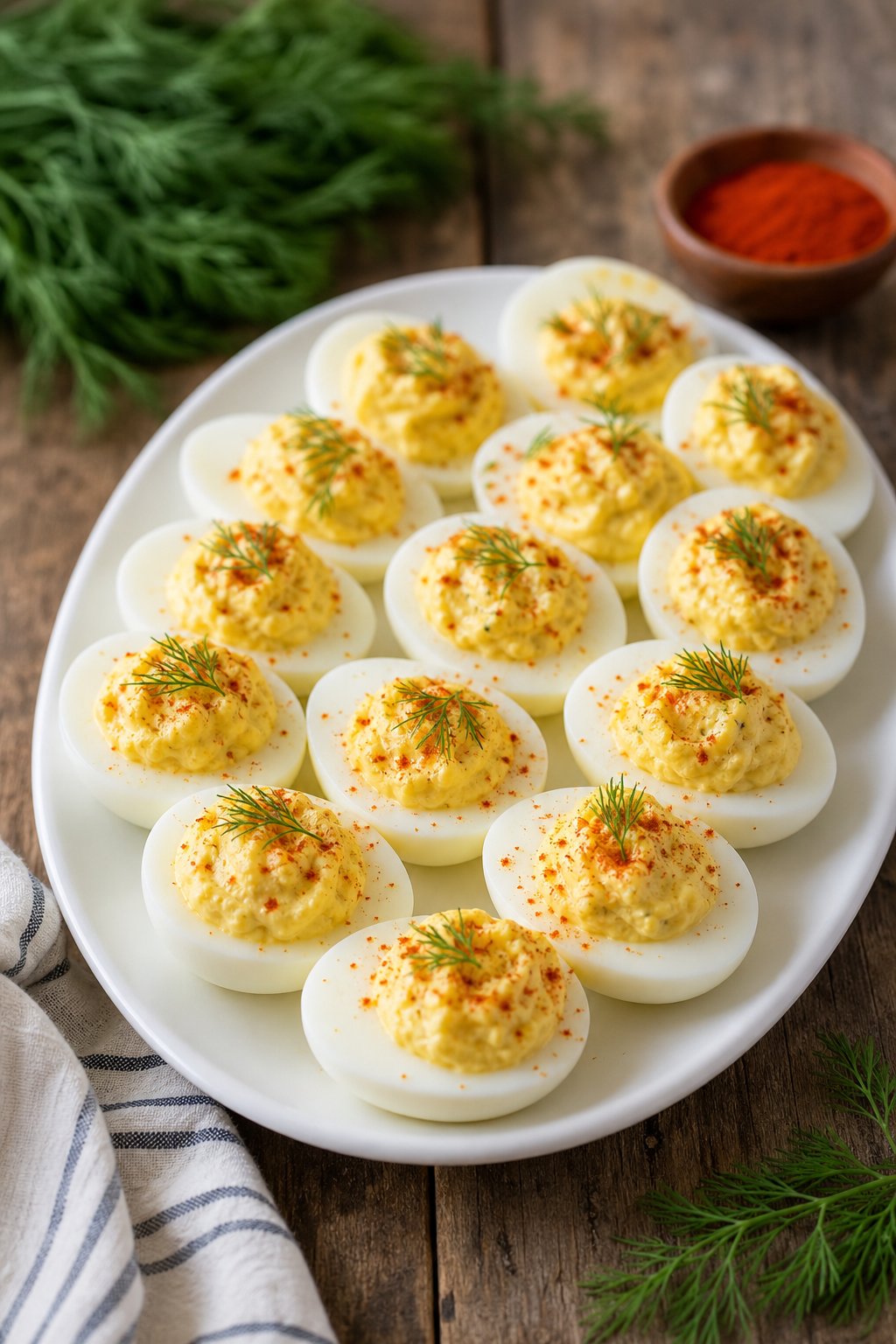 23 Make-Ahead Appetizers for Easy Hosting: Wow Your Guests Without Breaking a Sweat 16 A platter of deviled eggs garnished with dill and paprika on a white dish on a wooden table.