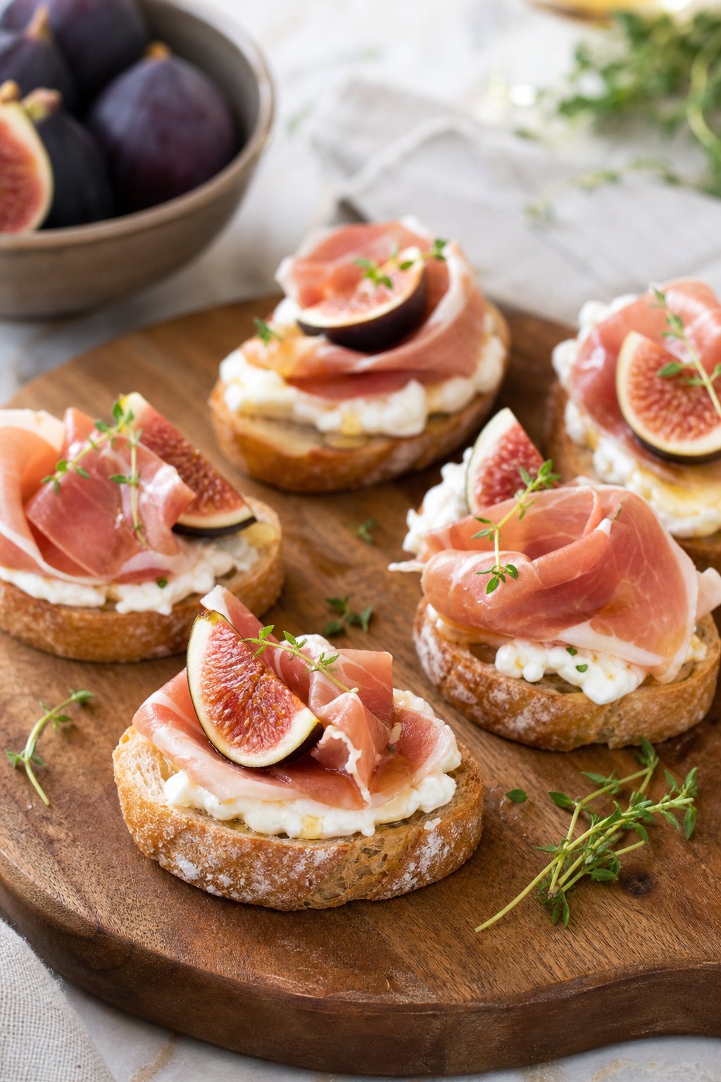 23 Make-Ahead Appetizers for Easy Hosting: Wow Your Guests Without Breaking a Sweat 17 Close-up of prosciutto and fig crostini topped with mascarpone on a wooden serving board.