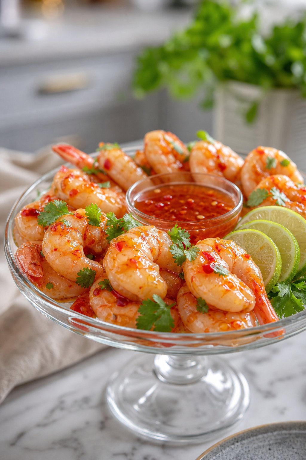 23 Make-Ahead Appetizers for Easy Hosting: Wow Your Guests Without Breaking a Sweat 18 A glass dish filled with sweet chili shrimp arranged around a bowl of dipping sauce, garnished with fresh herbs and lime slices on a table.