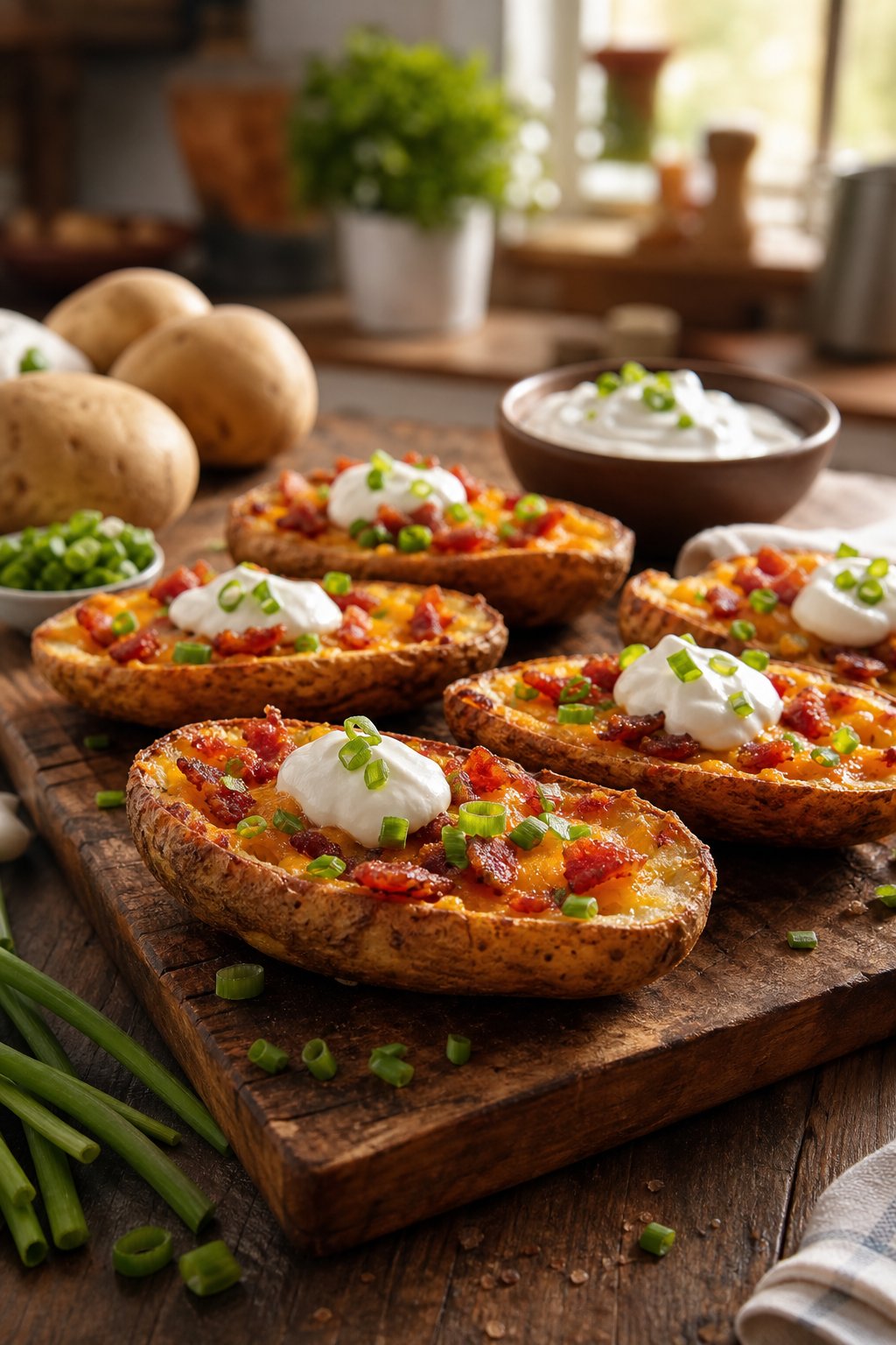 23 Make-Ahead Appetizers for Easy Hosting: Wow Your Guests Without Breaking a Sweat 19 A serving board with several loaded potato skins topped with cheese, bacon, green onions, and sour cream.