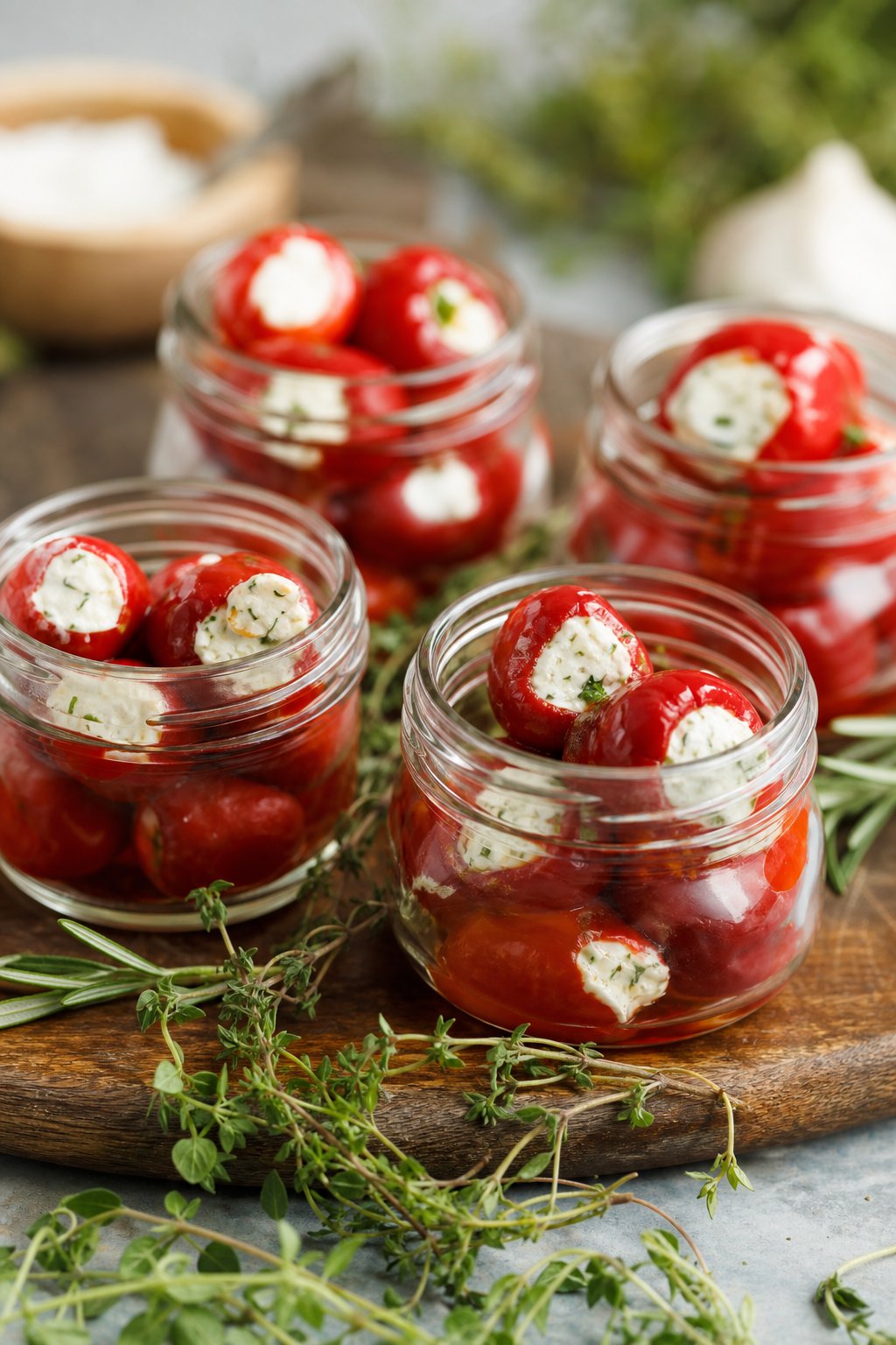 23 Make-Ahead Appetizers for Easy Hosting: Wow Your Guests Without Breaking a Sweat 20 Close-up of glass jars filled with red peppadew peppers stuffed with herbed goat cheese, arranged on a wooden surface with fresh herbs around them.