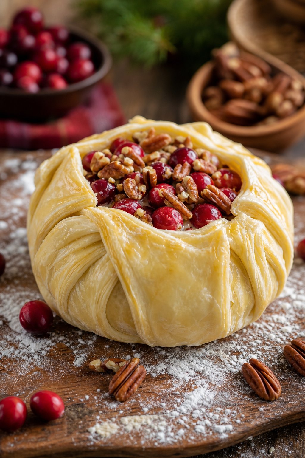 23 Make-Ahead Appetizers for Easy Hosting: Wow Your Guests Without Breaking a Sweat 21 A wrapped cranberry-pecan baked brie in puff pastry on a wooden board with cranberries and pecans around it.