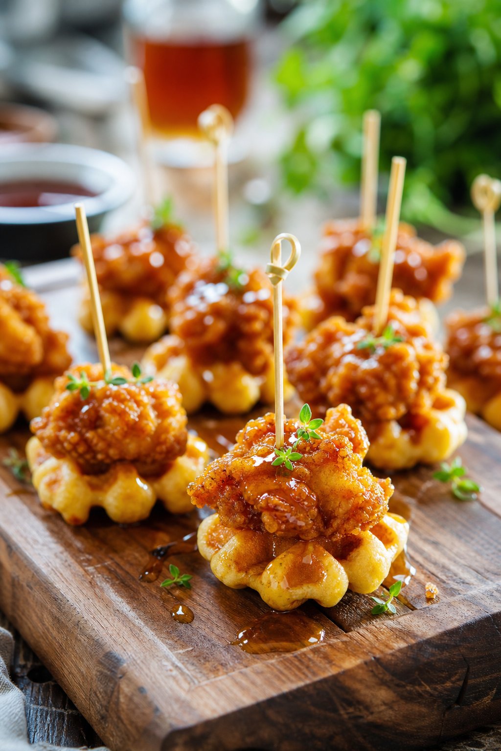 23 Make-Ahead Appetizers for Easy Hosting: Wow Your Guests Without Breaking a Sweat 22 Close-up of mini chicken and waffle bites arranged on a wooden serving board with syrup drizzled on top.