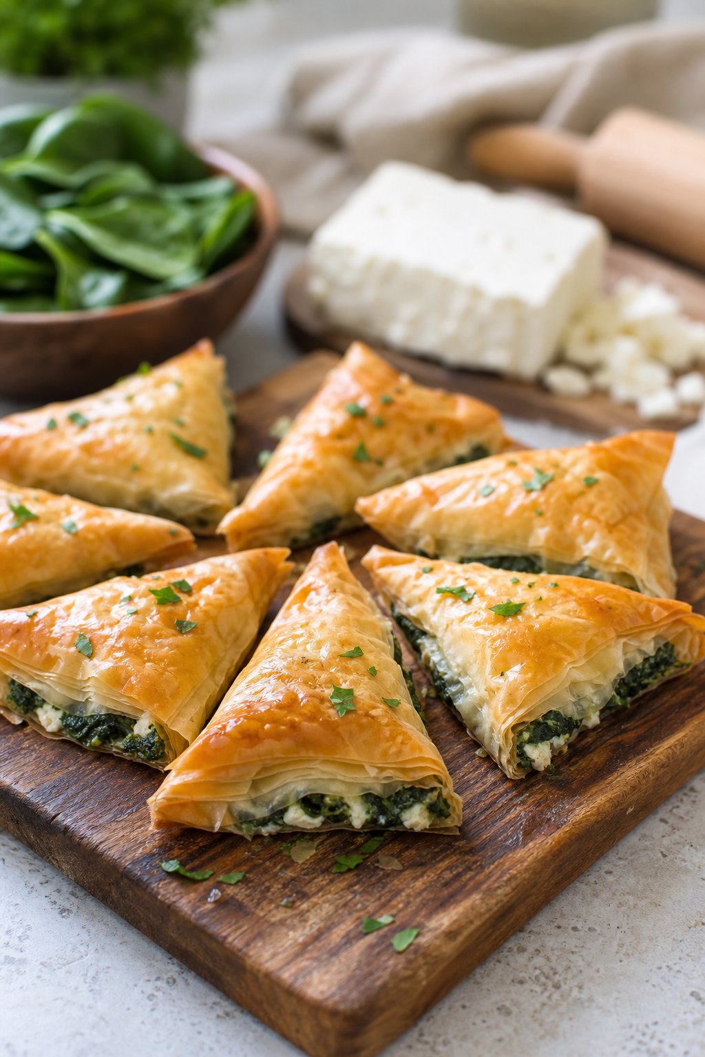 23 Make-Ahead Appetizers for Easy Hosting: Wow Your Guests Without Breaking a Sweat 23 Close-up of golden spinach and feta phyllo triangles arranged on a wooden cutting board with fresh spinach and feta cheese in the background.