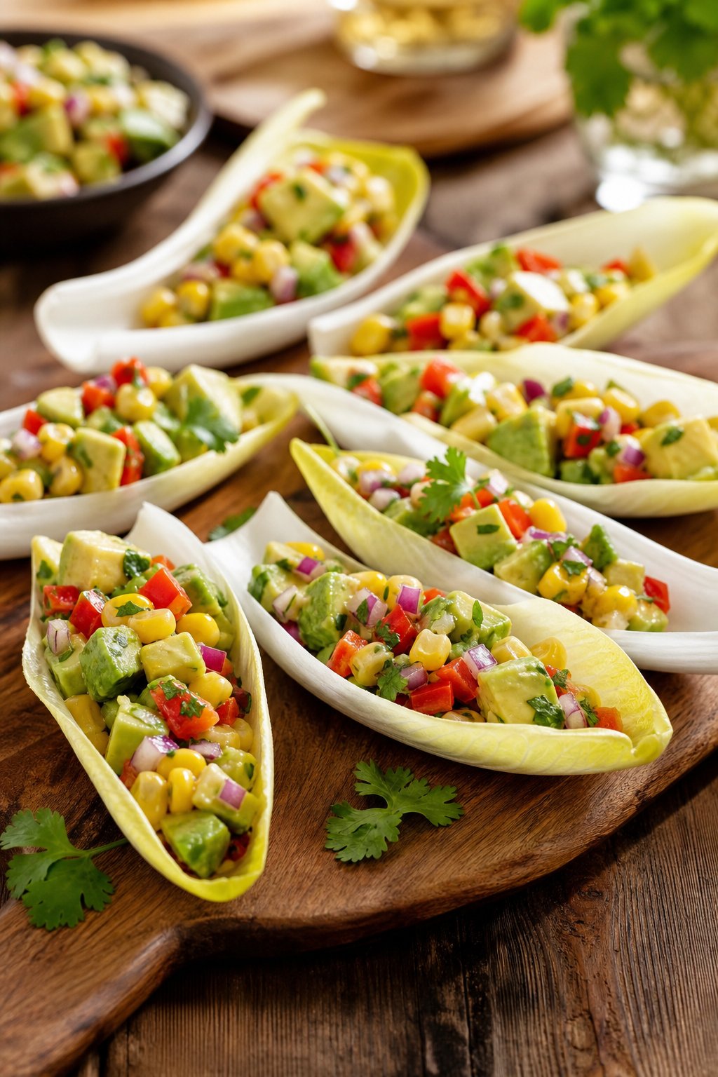 23 Make-Ahead Appetizers for Easy Hosting: Wow Your Guests Without Breaking a Sweat 24 Endive spears filled with avocado corn salsa arranged on a wooden board.