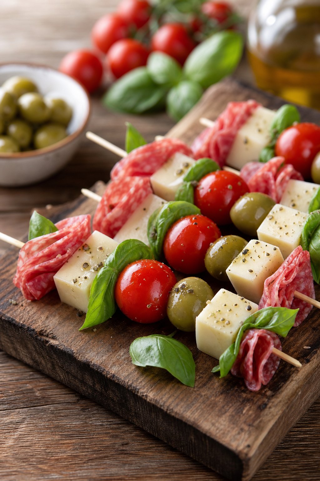 23 Make-Ahead Appetizers for Easy Hosting: Wow Your Guests Without Breaking a Sweat 25 Close-up of Italian antipasto skewers with salami, provolone cheese, cherry tomatoes, olives, and basil on a wooden board.