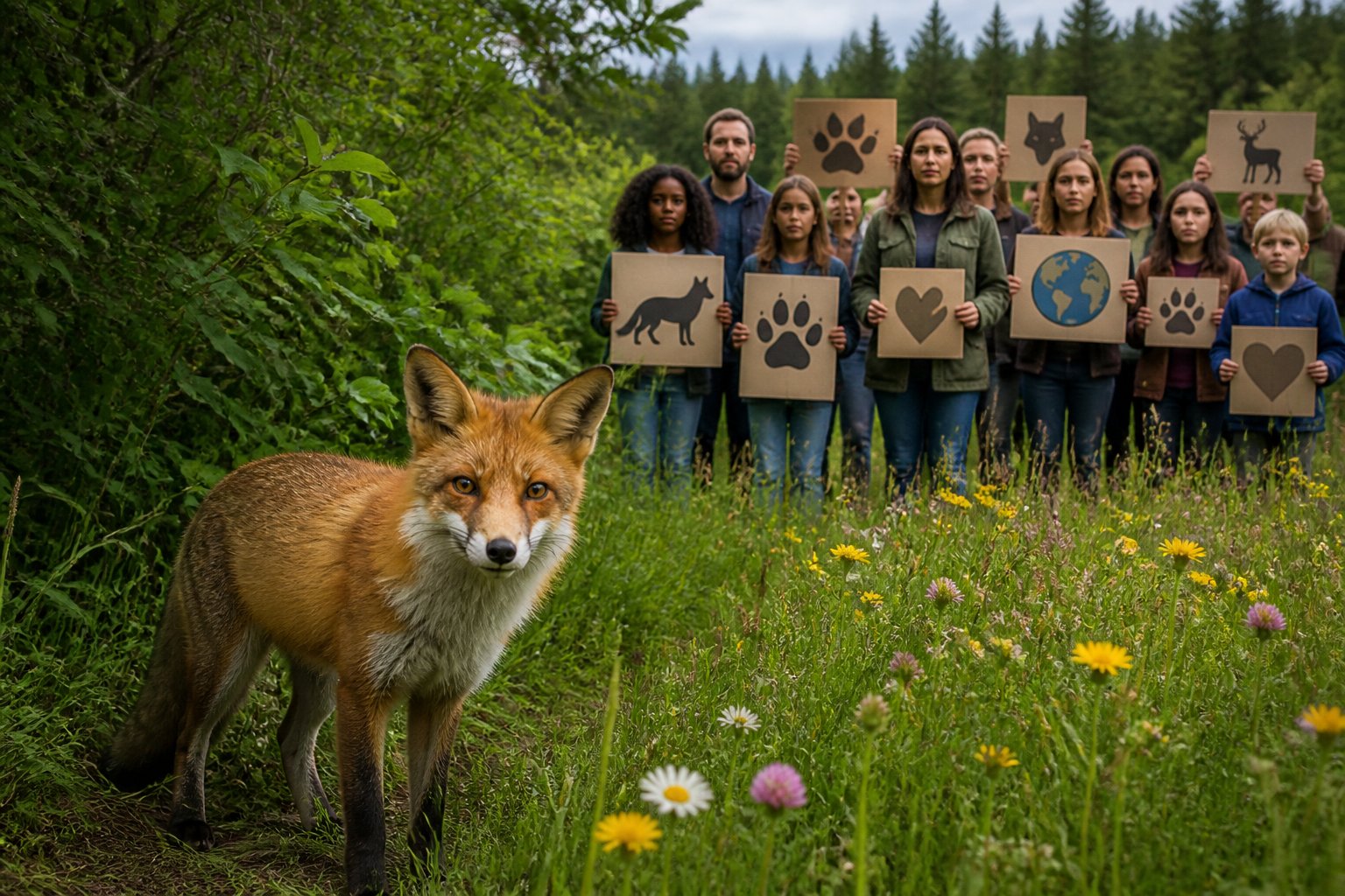 A red fox standing near a forest edge with a group of people holding animal rights signs in the background.