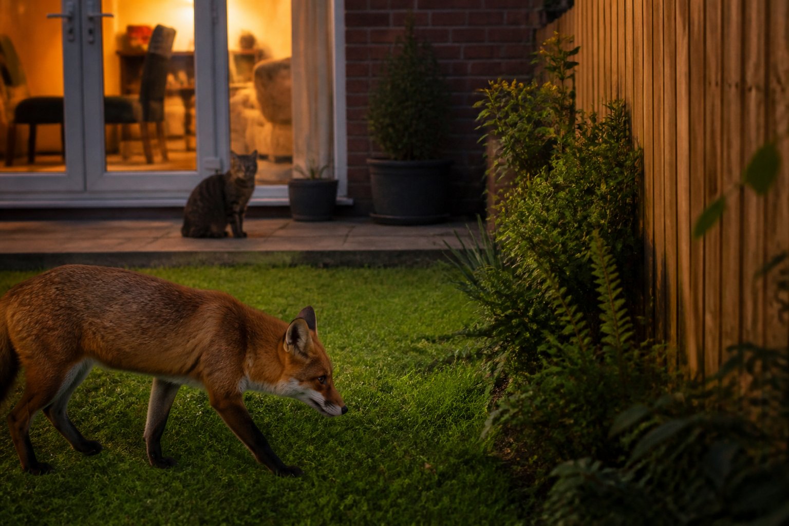 A fox approaching near a backyard fence while a cat watches from a patio.