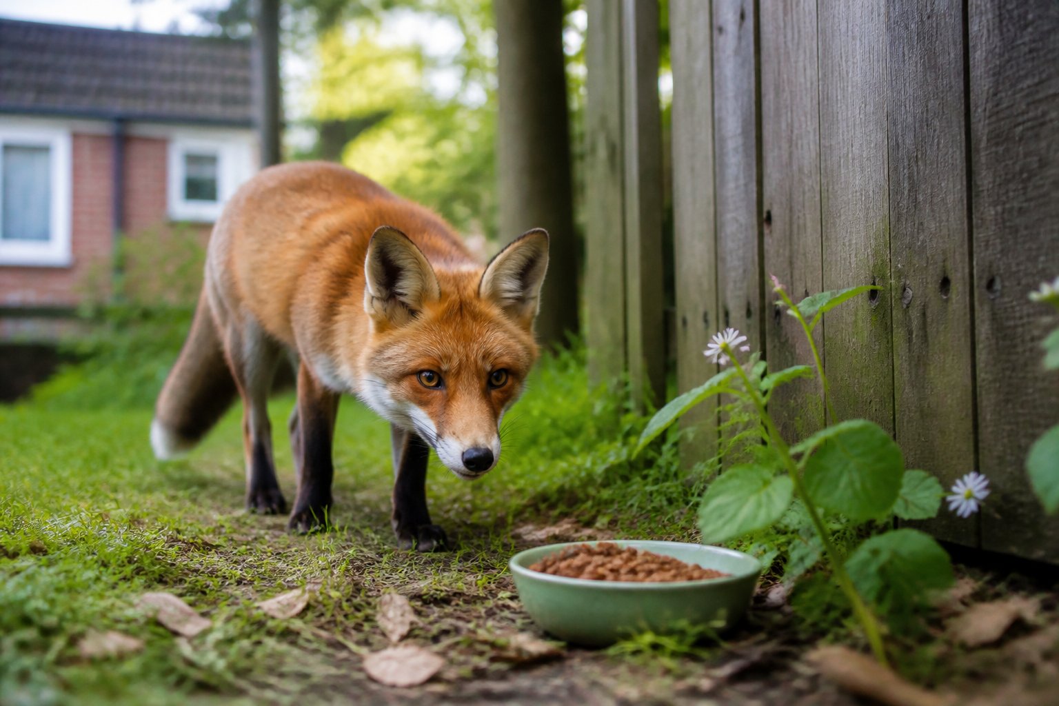 A wild fox cautiously approaches a bowl of cat food in a backyard garden near a wooden fence.