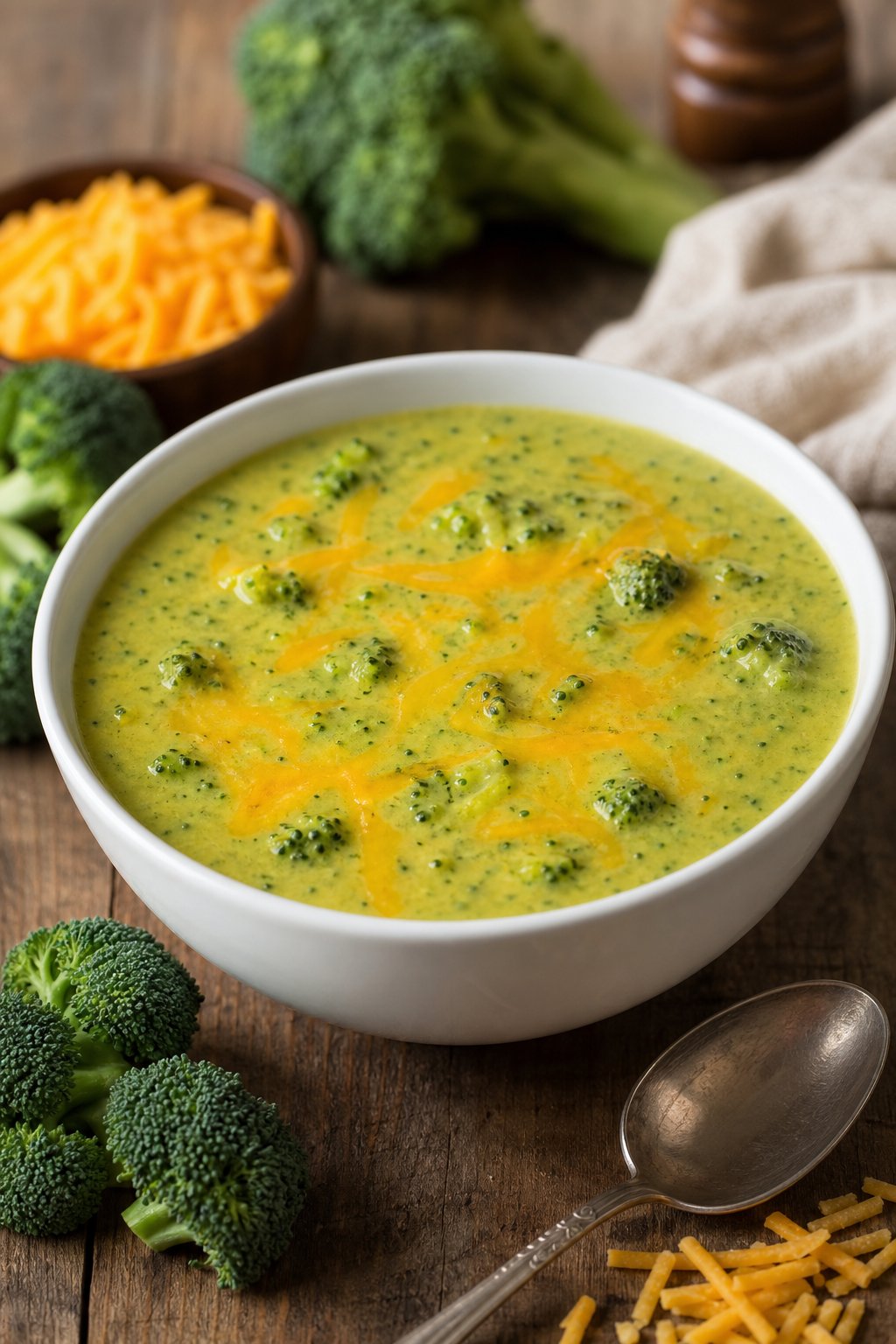Broccoli Cheese Soup 2 A bowl of creamy broccoli cheese soup with broccoli florets and cheese, placed on a wooden table with fresh broccoli and shredded cheese nearby.