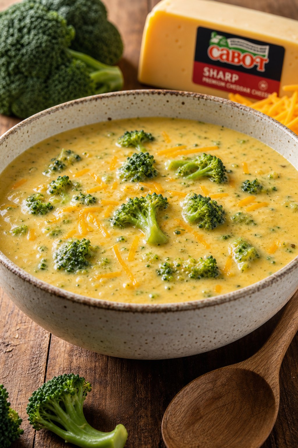 Broccoli Cheese Soup 3 A bowl of creamy broccoli cheddar soup with broccoli florets and melted cheese on a wooden table, surrounded by fresh broccoli and a wedge of cheddar cheese.
