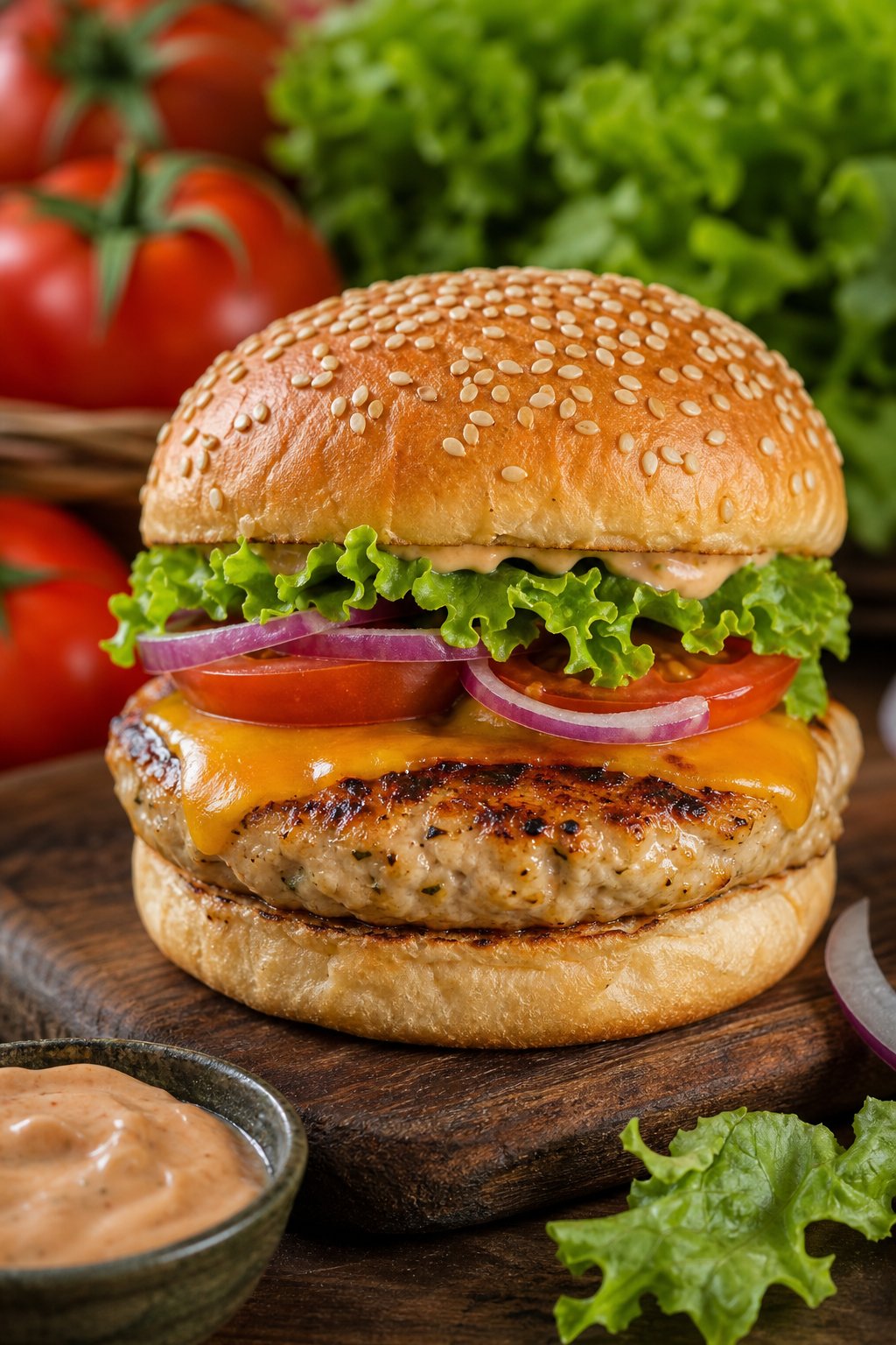 Juicy Turkey Burger Recipe 2 A juicy turkey burger with lettuce, tomato, cheese, and onions on a toasted bun placed on a wooden board with fresh ingredients around it.