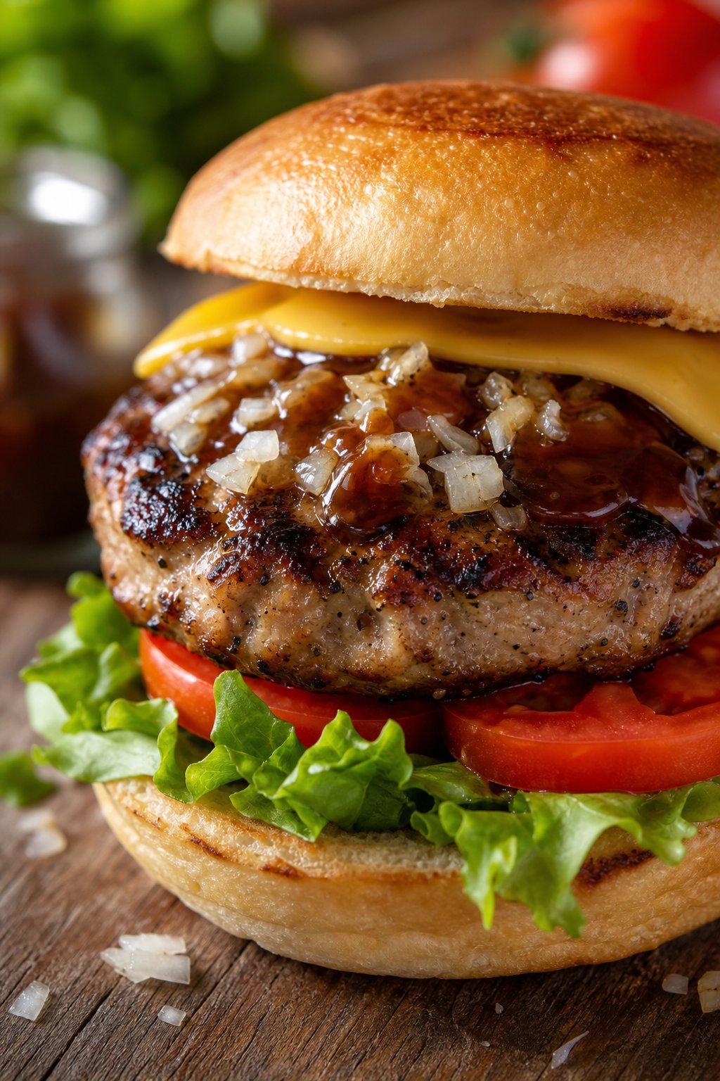 Juicy Turkey Burger Recipe 3 A juicy turkey burger with grated onion and Worcestershire sauce on a toasted bun with lettuce and tomato.