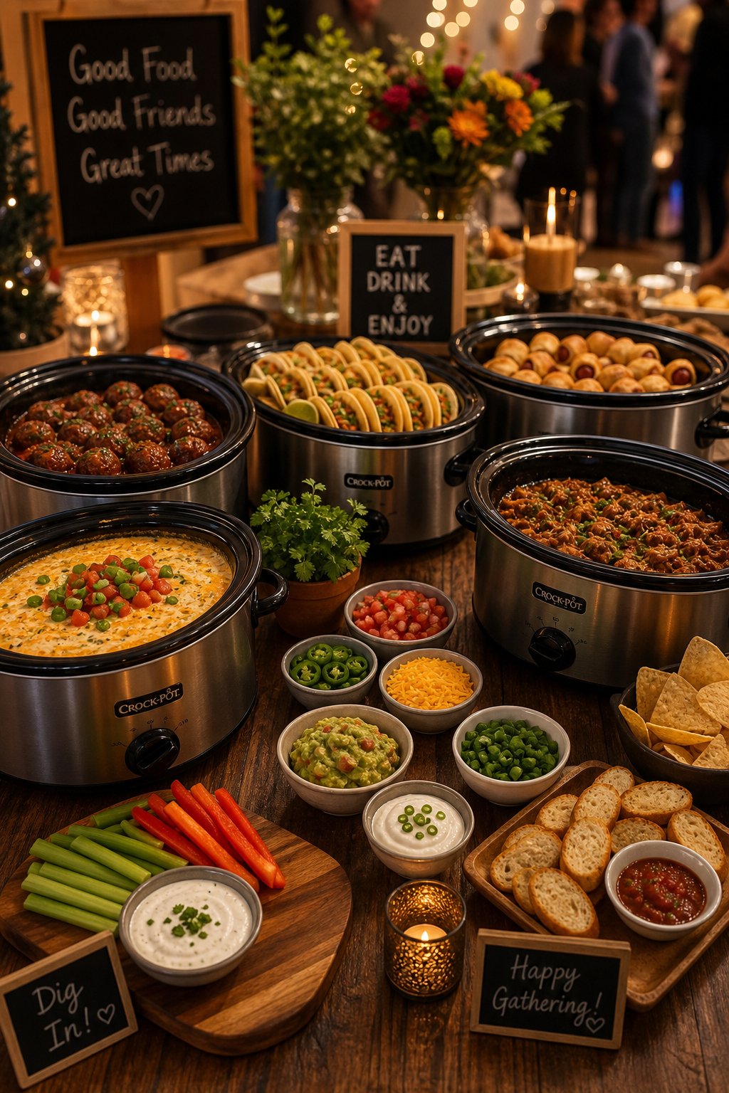 20 Crock Pot Appetizers for Easy Parties 2 A table with several crock pots filled with different appetizers and small plates of garnishes, set for a party gathering.