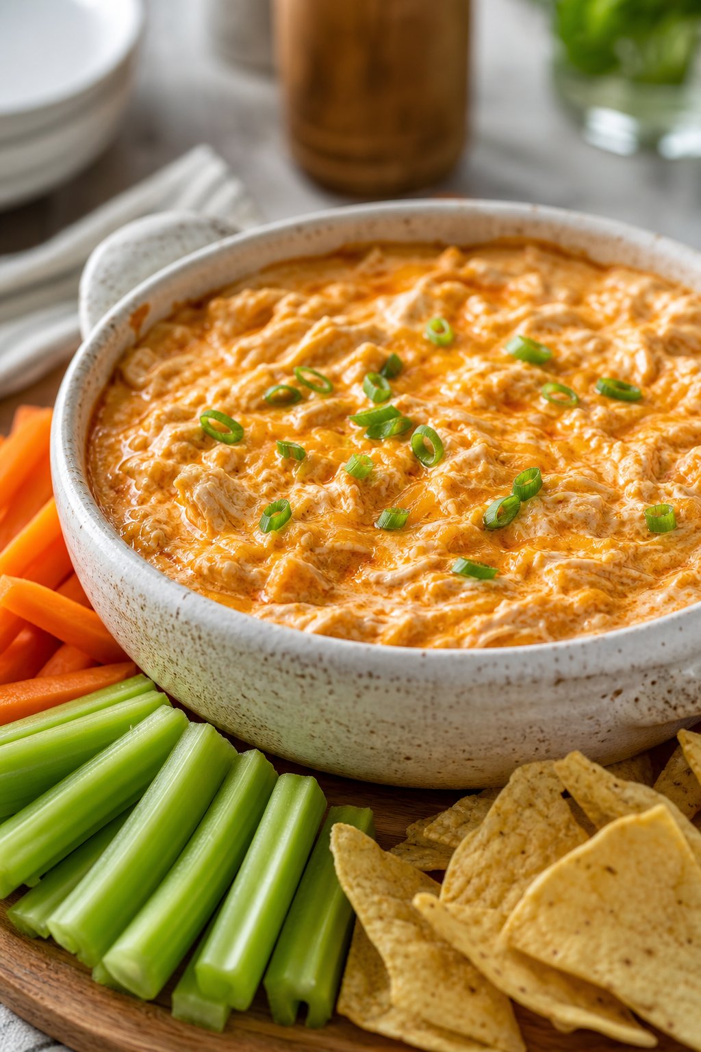 20 Crock Pot Appetizers for Easy Parties 3 A bowl of creamy buffalo chicken dip with shredded chicken, surrounded by celery sticks, carrot sticks, and tortilla chips on a wooden board.