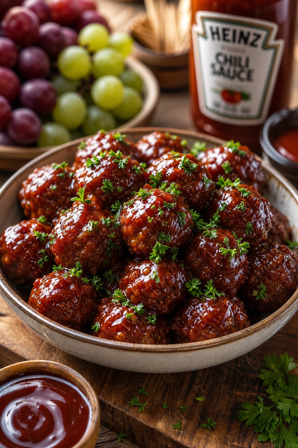20 Crock Pot Appetizers for Easy Parties 4 A bowl of BBQ meatballs coated in sauce with parsley garnish on a wooden table, accompanied by small bowls of sauce and grapes.