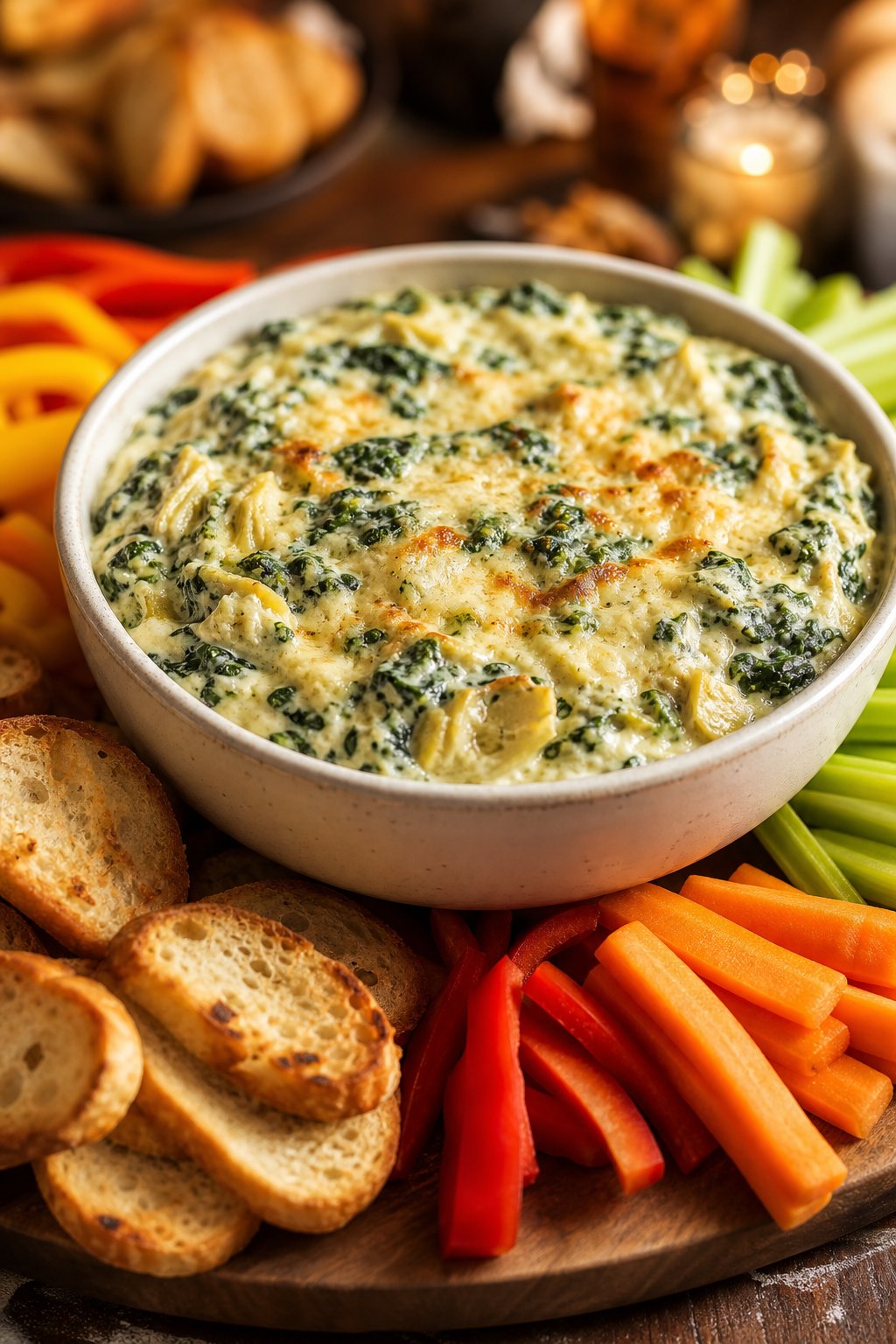20 Crock Pot Appetizers for Easy Parties 5 A bowl of creamy spinach-artichoke dip with vegetable sticks and toasted bread slices on a wooden board.