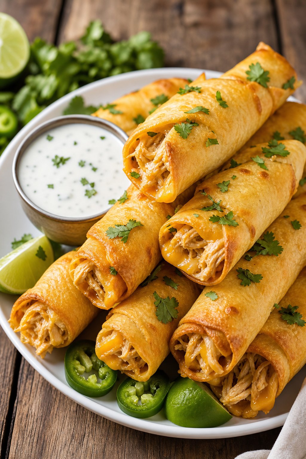 20 Crock Pot Appetizers for Easy Parties 6 A plate of crispy cheesy ranch chicken taquitos with a bowl of ranch dipping sauce on a wooden table.