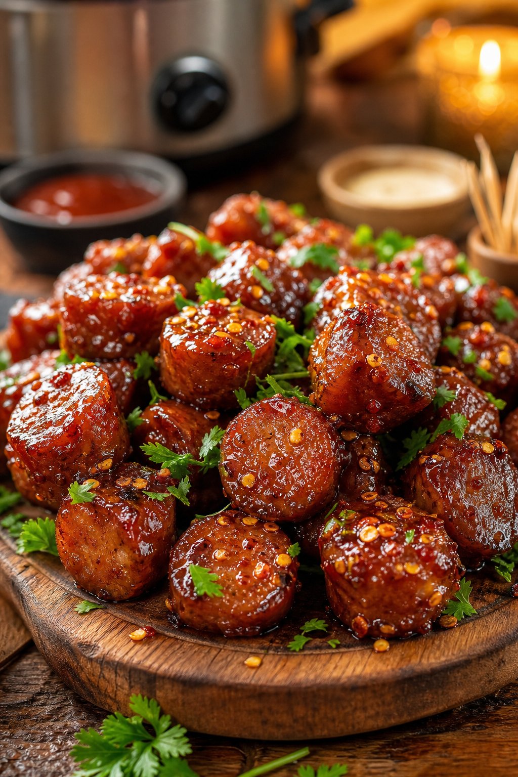 20 Crock Pot Appetizers for Easy Parties 7 Close-up of glazed sausage bites sprinkled with red pepper flakes on a wooden serving platter, garnished with fresh herbs.