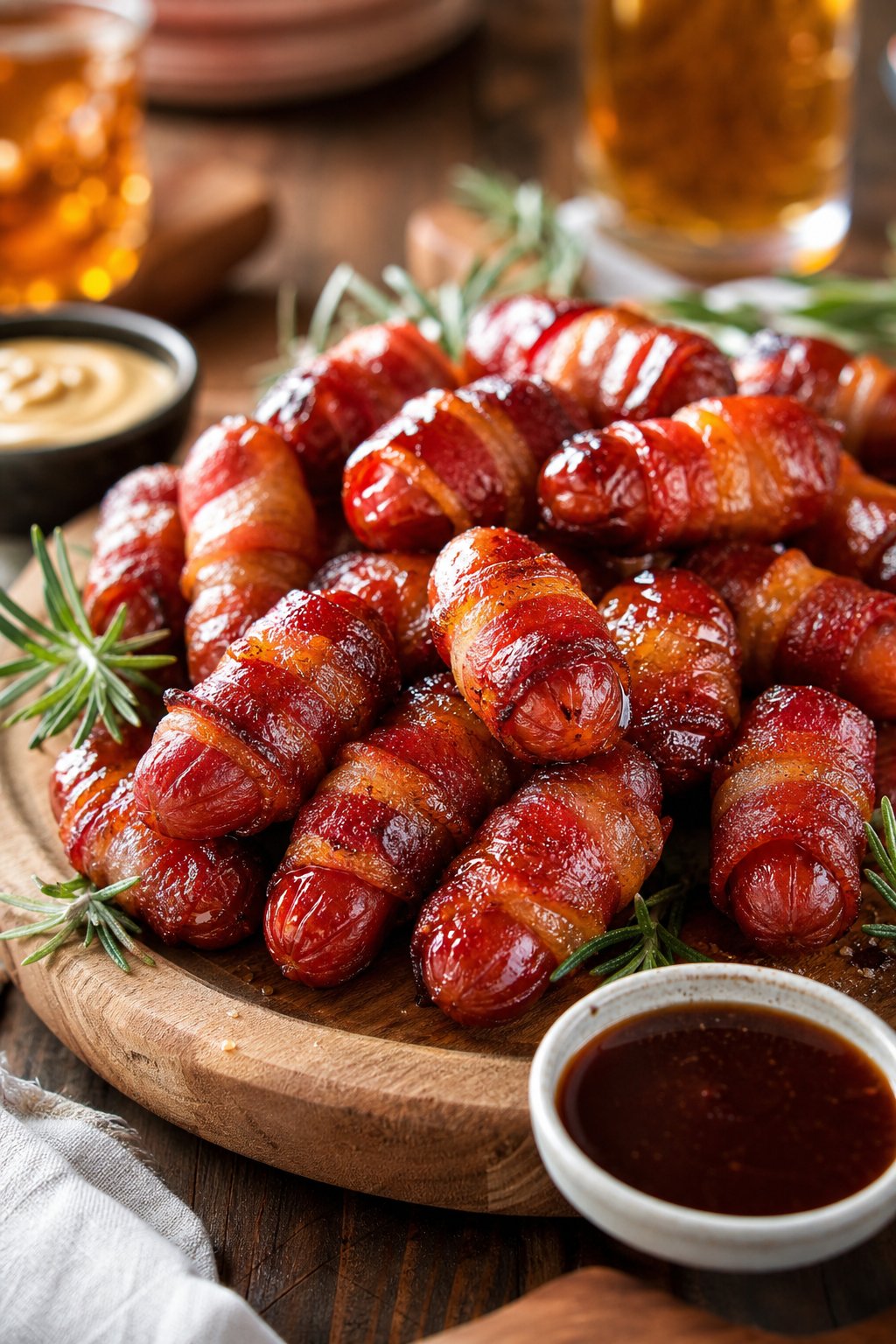 20 Crock Pot Appetizers for Easy Parties 8 A platter of bacon-wrapped little smokies glazed with maple syrup, garnished with rosemary and served with dipping sauces.