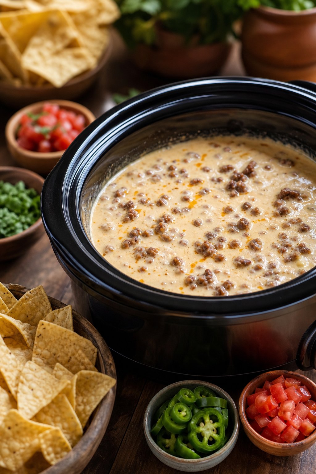 20 Crock Pot Appetizers for Easy Parties 9 Slow cooker filled with creamy queso blanco and chorizo dip surrounded by bowls of tortilla chips and fresh toppings on a wooden table.
