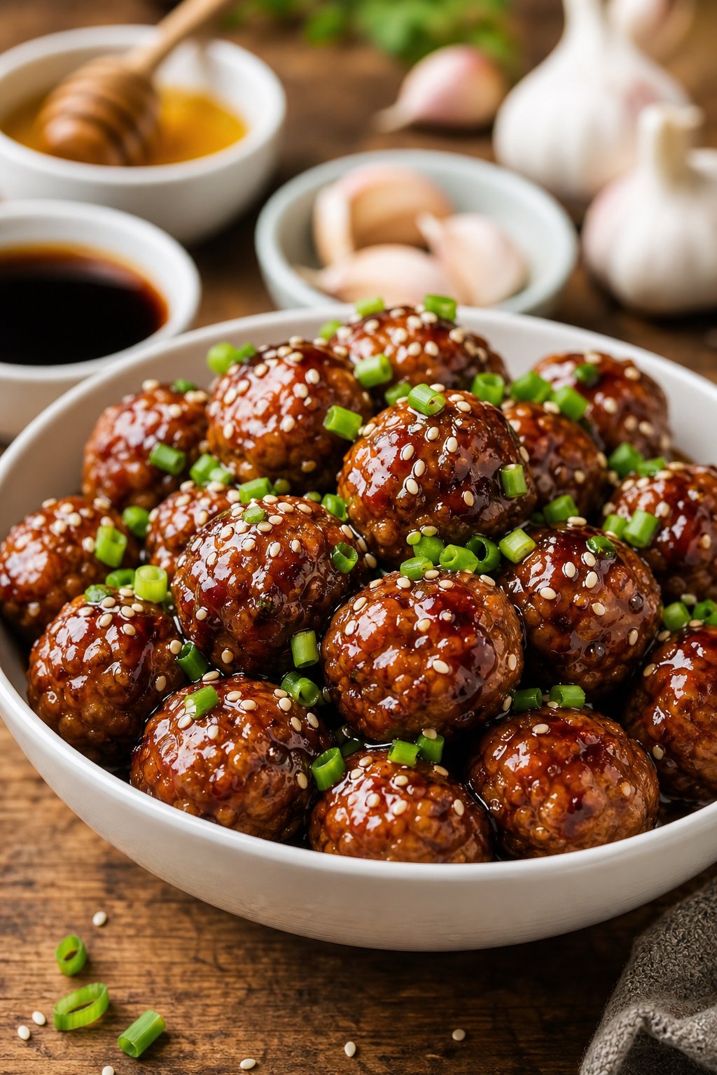 20 Crock Pot Appetizers for Easy Parties 10 A bowl of honey-garlic cocktail meatballs garnished with green onions and sesame seeds on a wooden table.
